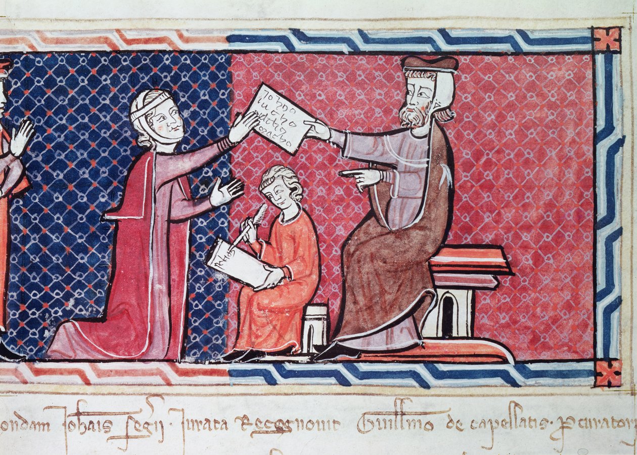Una mujer prestando juramento ante el Rey Jaime I de Mallorca (detalle del magistrado, la mujer y el escriba) de Spanish School