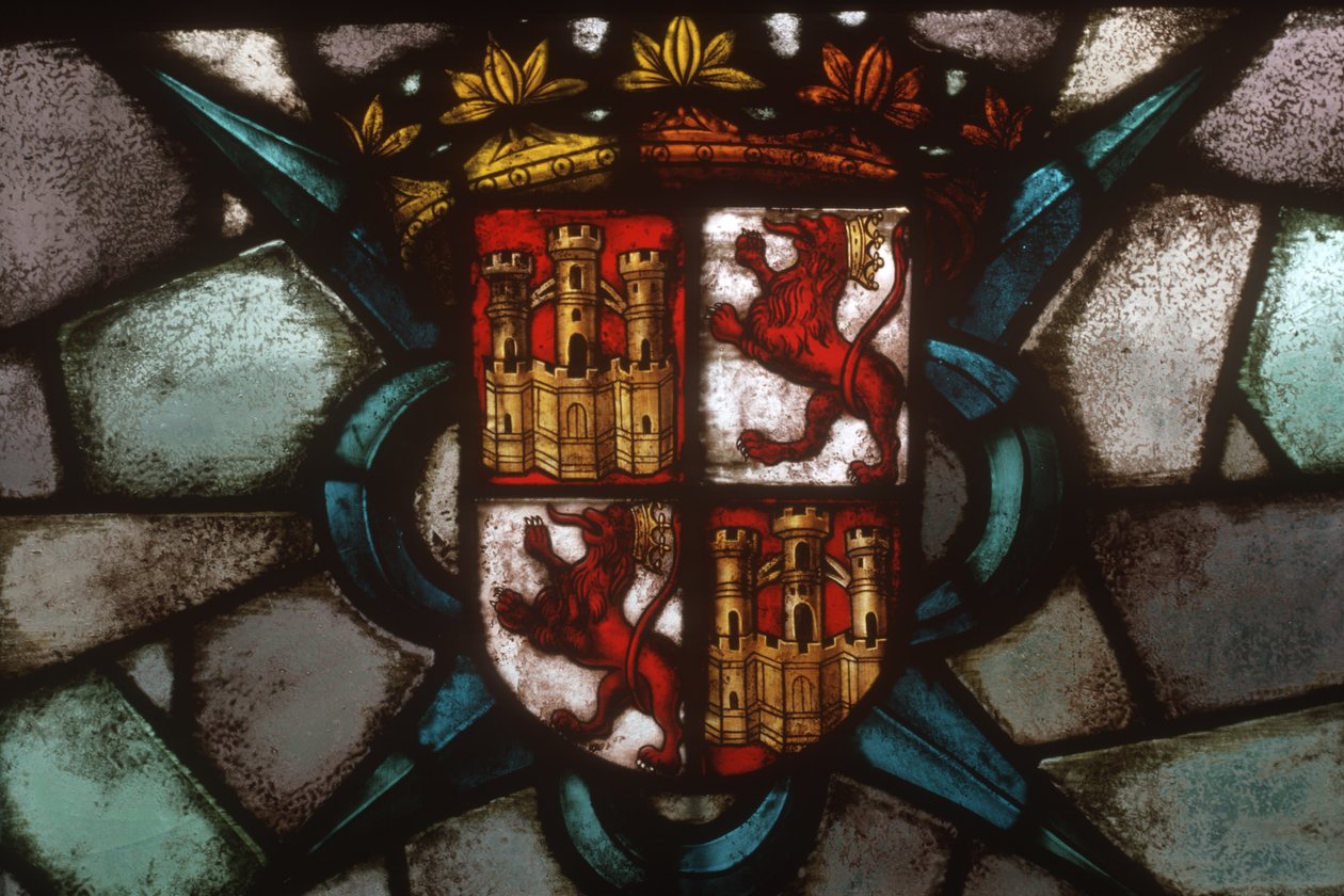 Un escudo de armas que representa dos castillos y dos leones rampantes de Spanish School