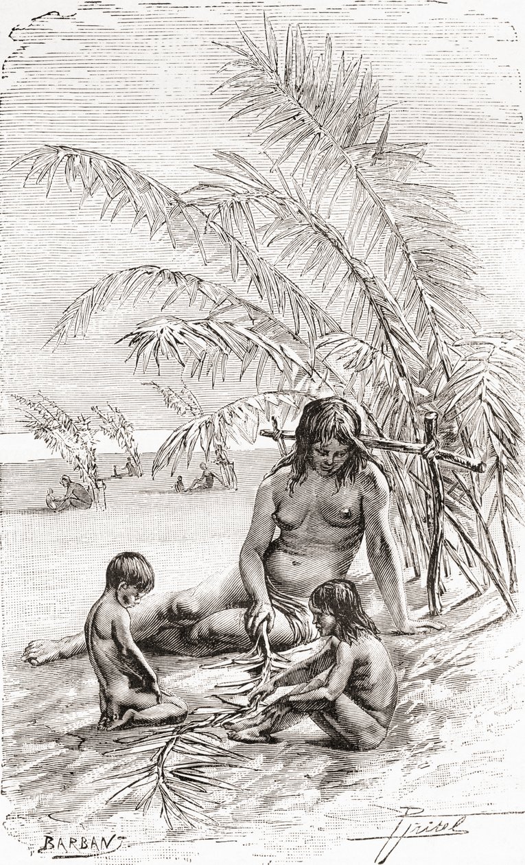 Una familia de nativos Sápara en un banco de arena junto al río Napo, Ecuador de Spanish School