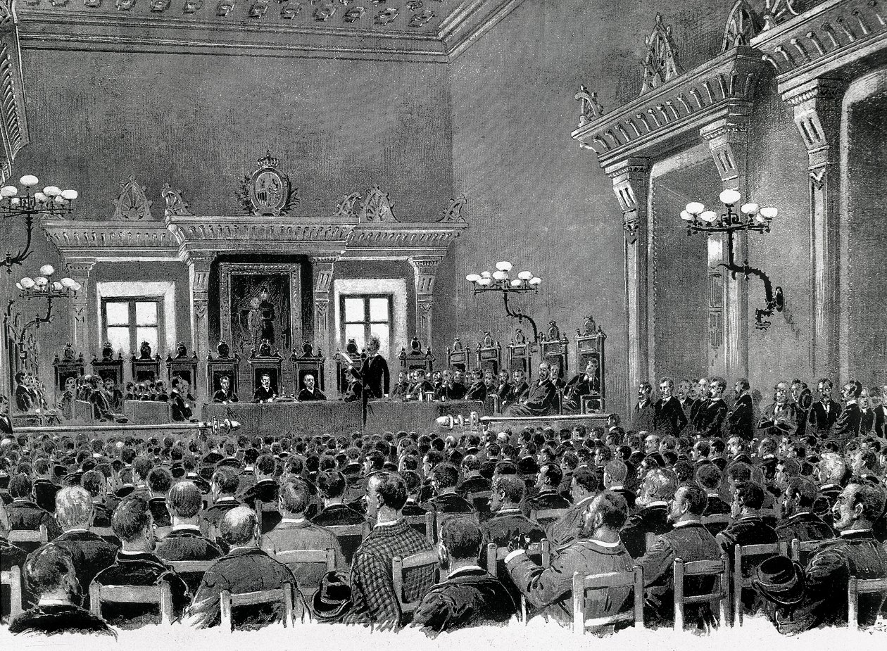 Una reunión de nacionalistas catalanes reunidos en el Ayuntamiento de Manresa, para la redacción de las 16 bases para servir la constitución regional catalana en 1892. Dibujo de Jaume Pahissa. de Spanish School