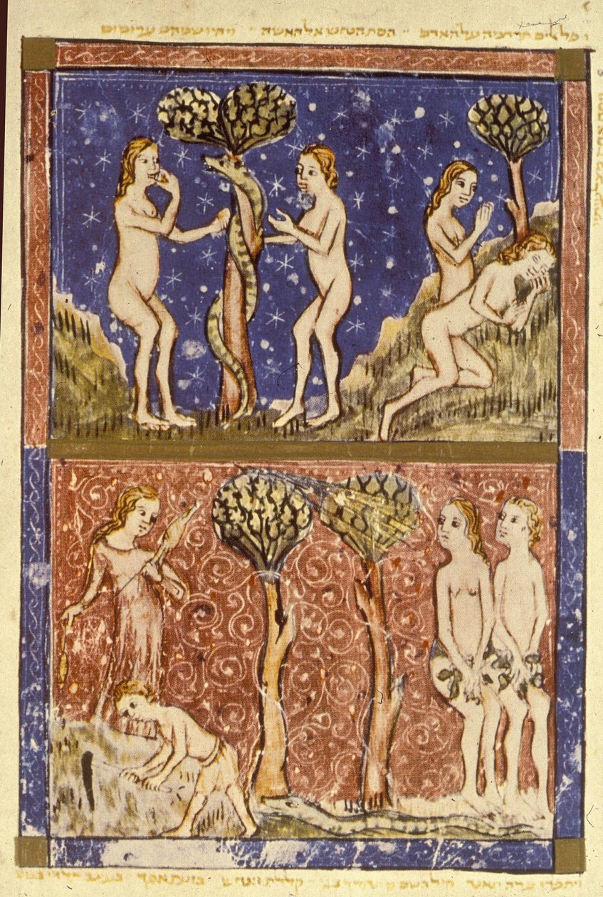 Adán y Eva, ilustración de la Hagadá de Sarajevo de Spanish School