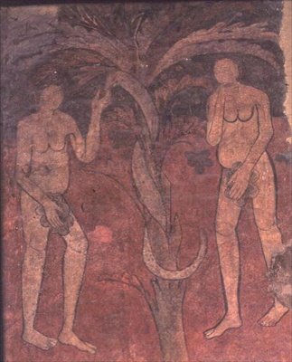 Adán y Eva, el origen del pecado, mural del arco de triunfo del ábside de la nave central, Sta. María de Barberá (mural) de Spanish School