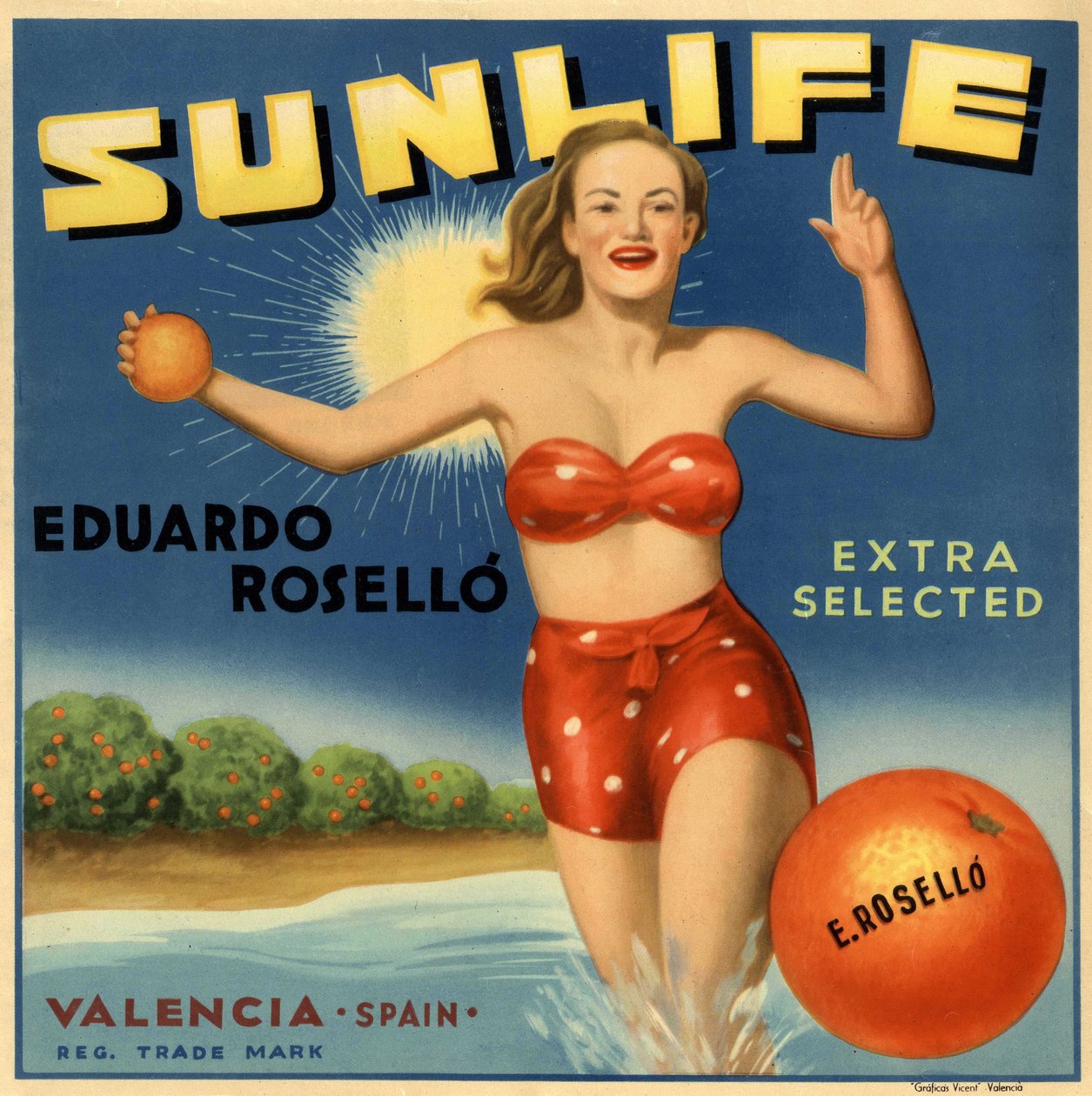 Publicidad de naranjas, imagen de una mujer en traje de baño. Cartel publicitario, Valencia de Spanish School