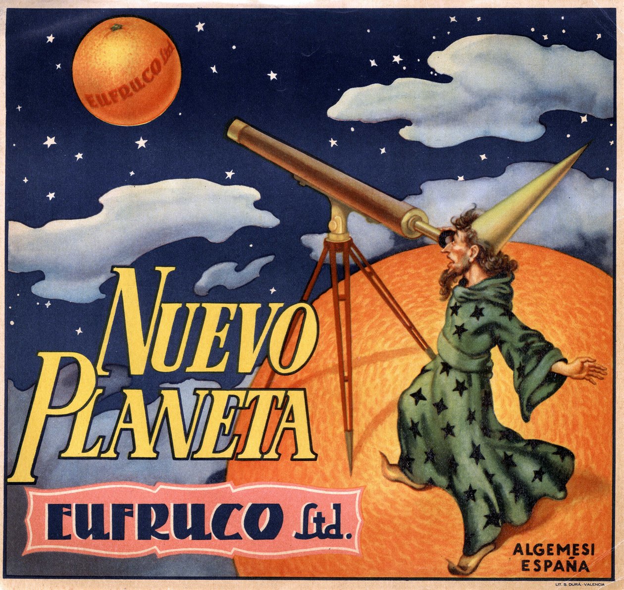 Publicidad con un mago observando "el nuevo planeta Naranja". Cartel publicitario, Valencia de Spanish School
