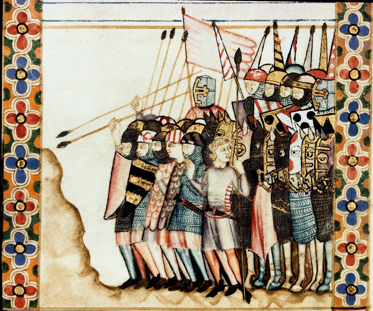 Ejército de los cruzados. Detalle de una página tomada de un manuscrito de la Canción de Santa María (Cantigas de Santa María), decorando miniaturas dedicadas a Santa María y sus milagros, una colección de canciones redactadas bajo el reinado de Alfonso X  de Spanish School