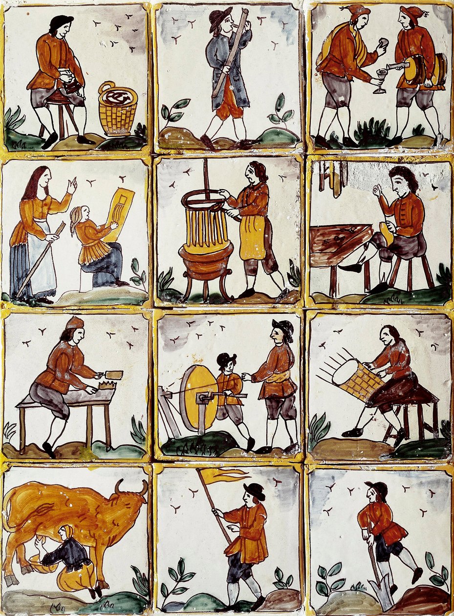 Oficios artesanales: zapatero, tonelero, fabricante de cestas de mimbre, vinicultor, lección de dibujo, músico, ordeño de vacas, afilador, agricultor, ebenista. Azulejos de cerámica catalana (España) de Spanish School