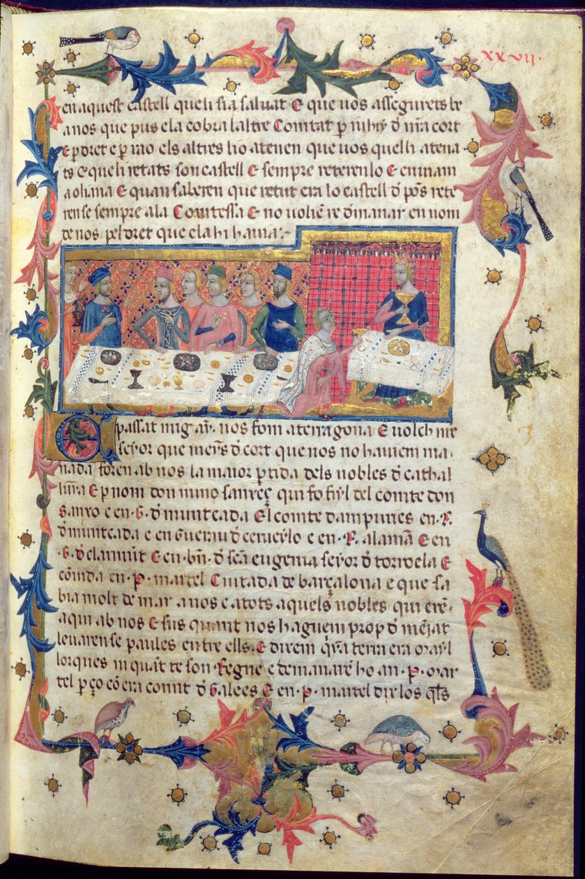 Banquete ofrecido por el padre Martell a Jaime I (1208-76) en Tarragona en 1228 en el que se acordó la conquista de las Islas Baleares, extraído del "Libre dels Feits" (vitela) (véase también 113569) de Spanish School