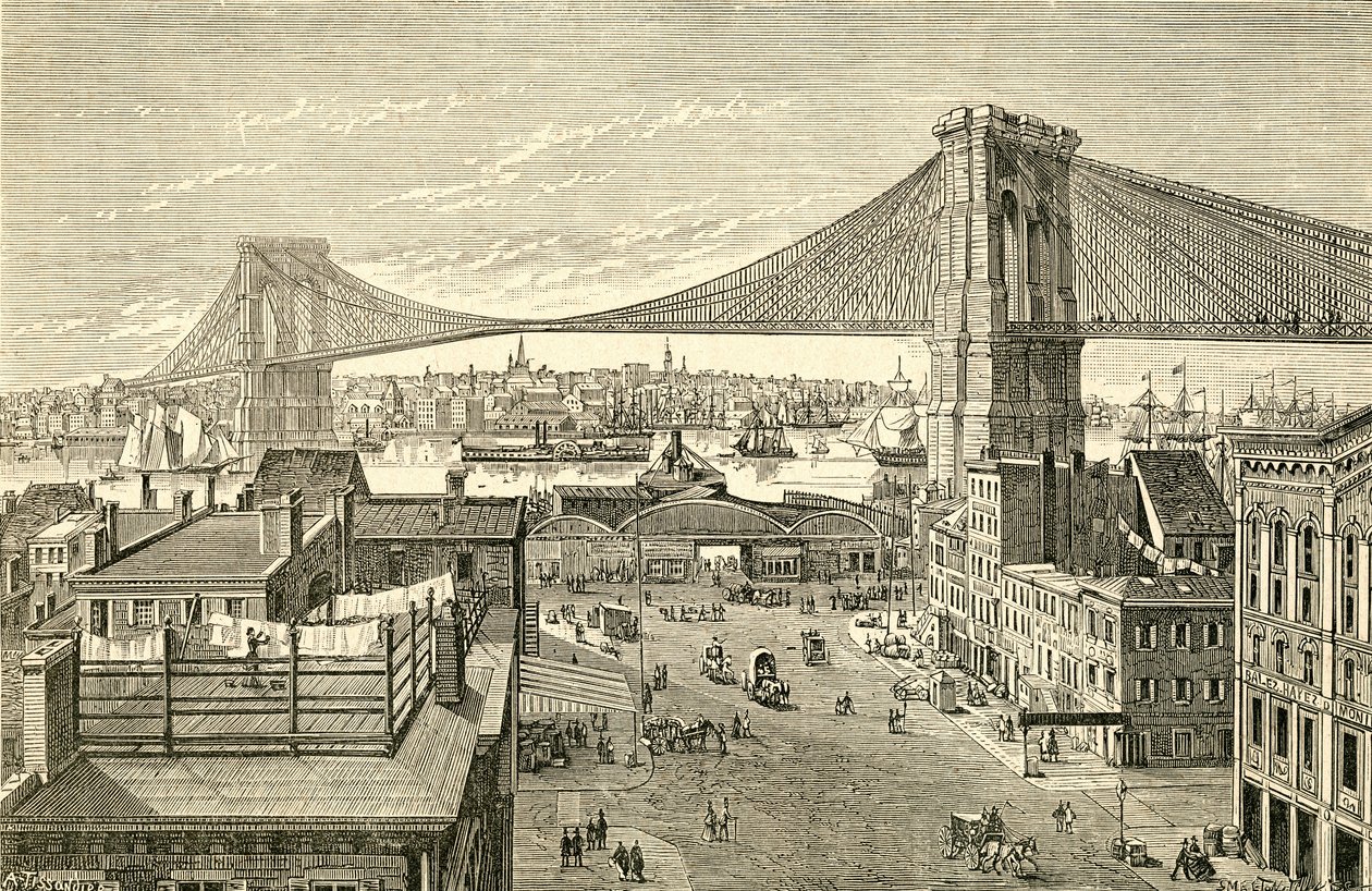 Puente de Brooklyn, Nueva York, Estados Unidos en el siglo XIX. De El Museo Popular publicó Madrid de Spanish School