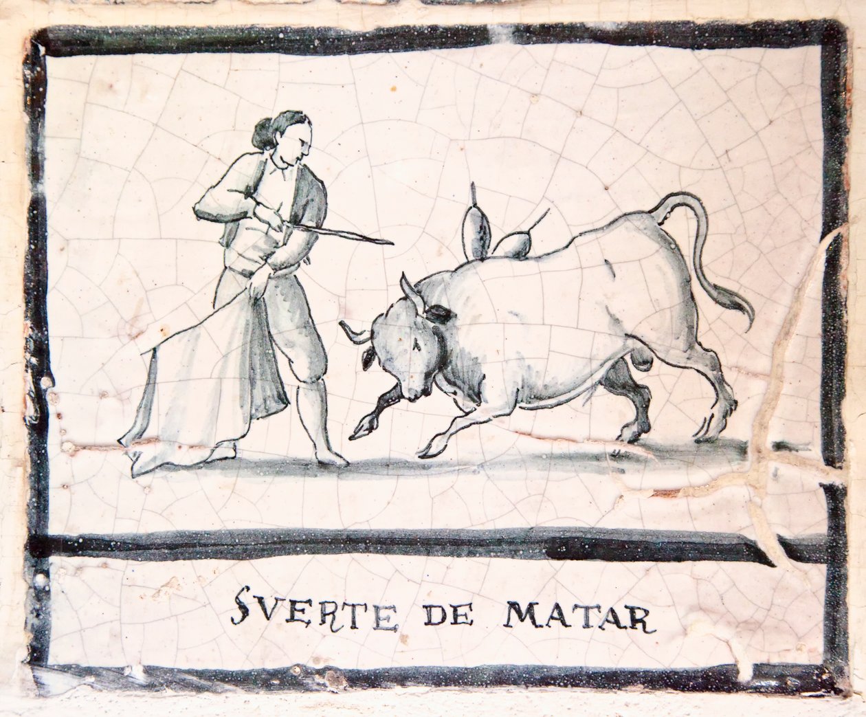 Escena de corrida de toros en un azulejo antiguo - La etapa de la matanza de Spanish School