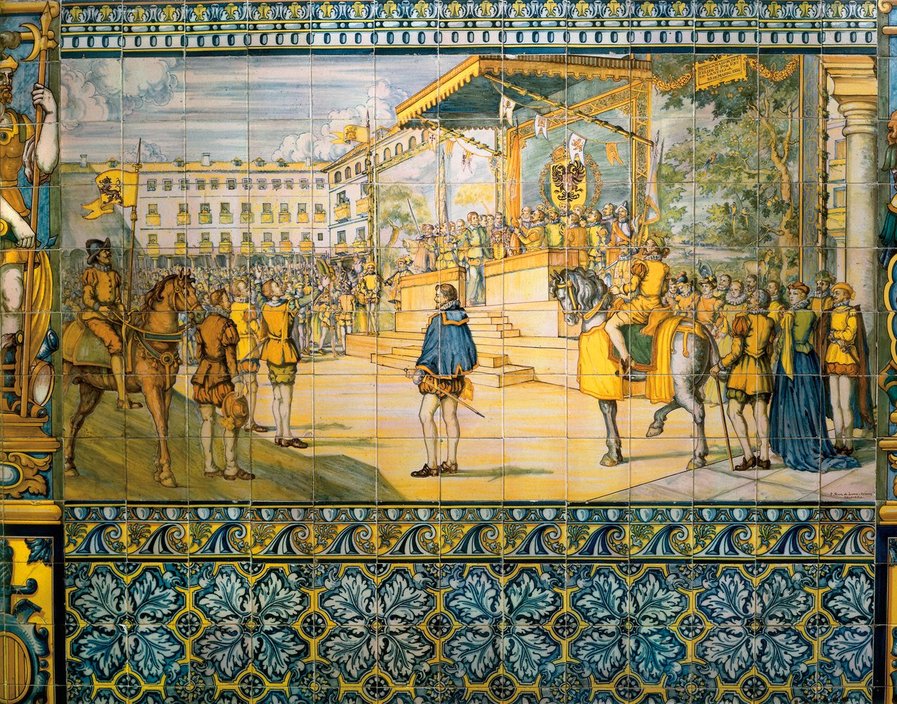 Celebraciones en Valladolid en honor a Felipe II de España en mayo de 1559. Azulejos de la escuela de Talavera en el palacio de la familia Pimentel, Valladolid de Spanish School