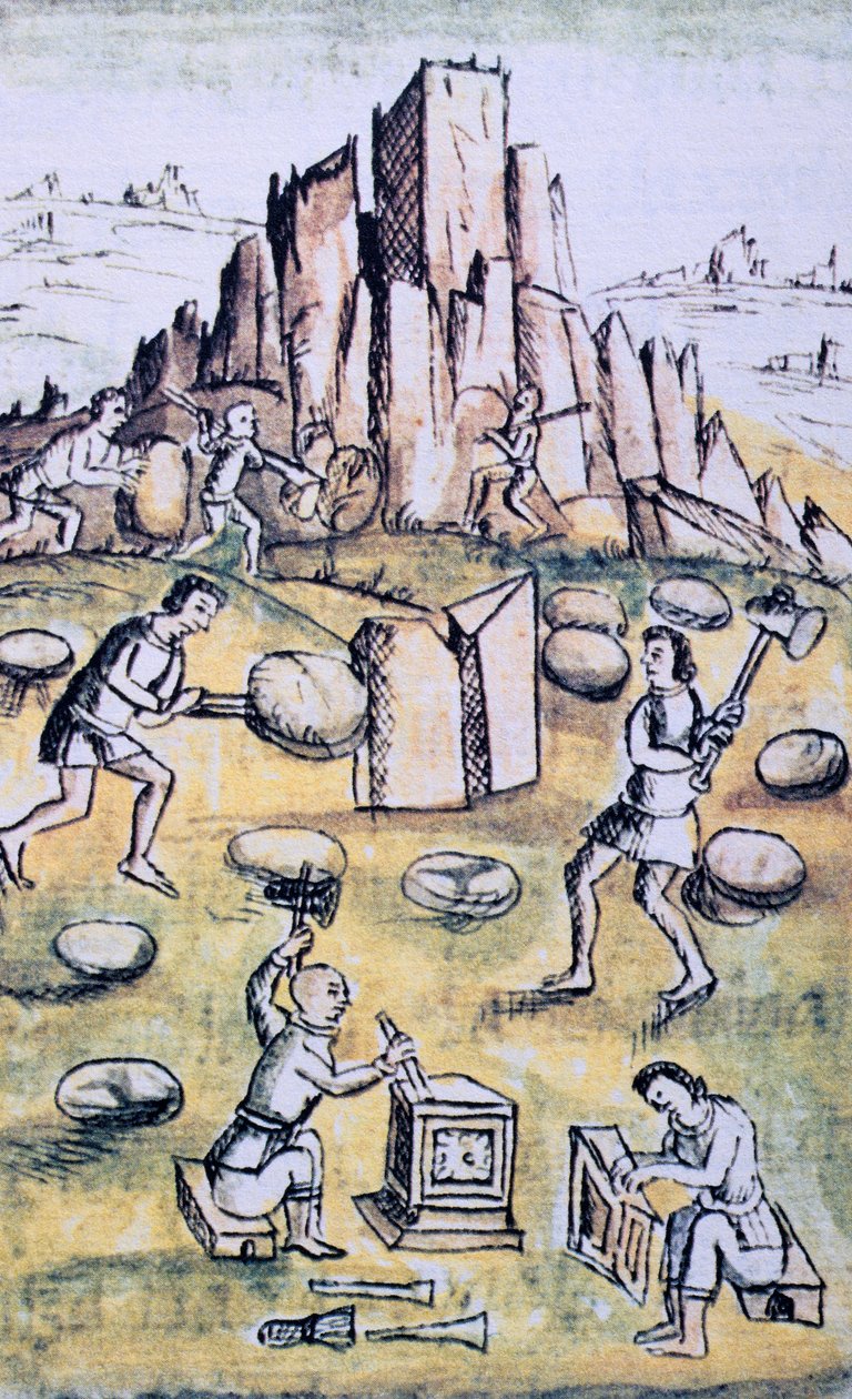 Códice de la conquista de México: El trabajo de la piedra de Spanish School