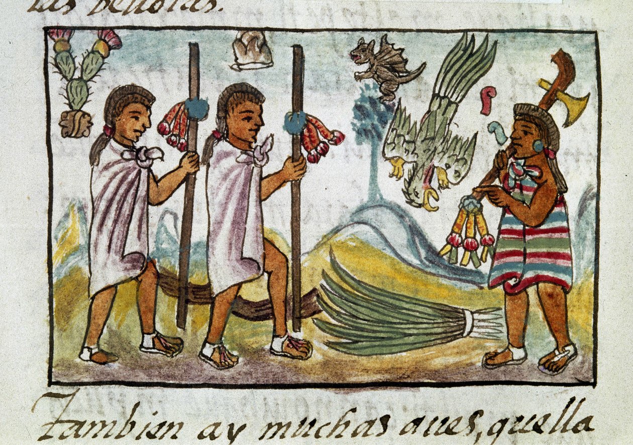 Códice de la conquista de México: mercaderes disfrazados en Tzinacantlan. Miniatura del manuscrito florentino "Storia degli Aztechi" (Historia de los aztecas) de Bernardino de Sahagún. de Spanish School