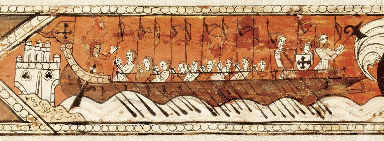 Panel de techo artesonado con caballeros, galeras y un barco con alto parapeto (detalle) de Spanish School