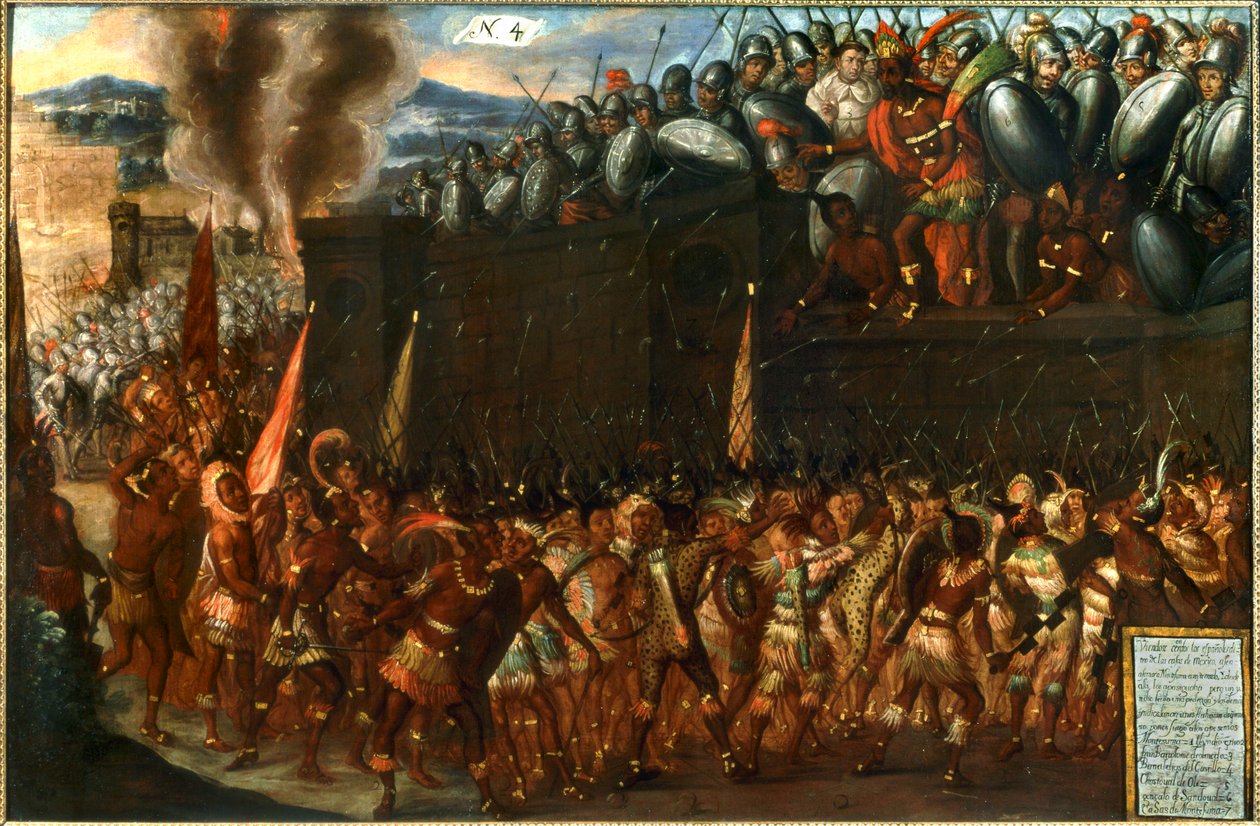 Conquista de México - La muerte de Moctezuma a manos de su propio pueblo el 1 de julio ... (óleo sobre lienzo) de Spanish School
