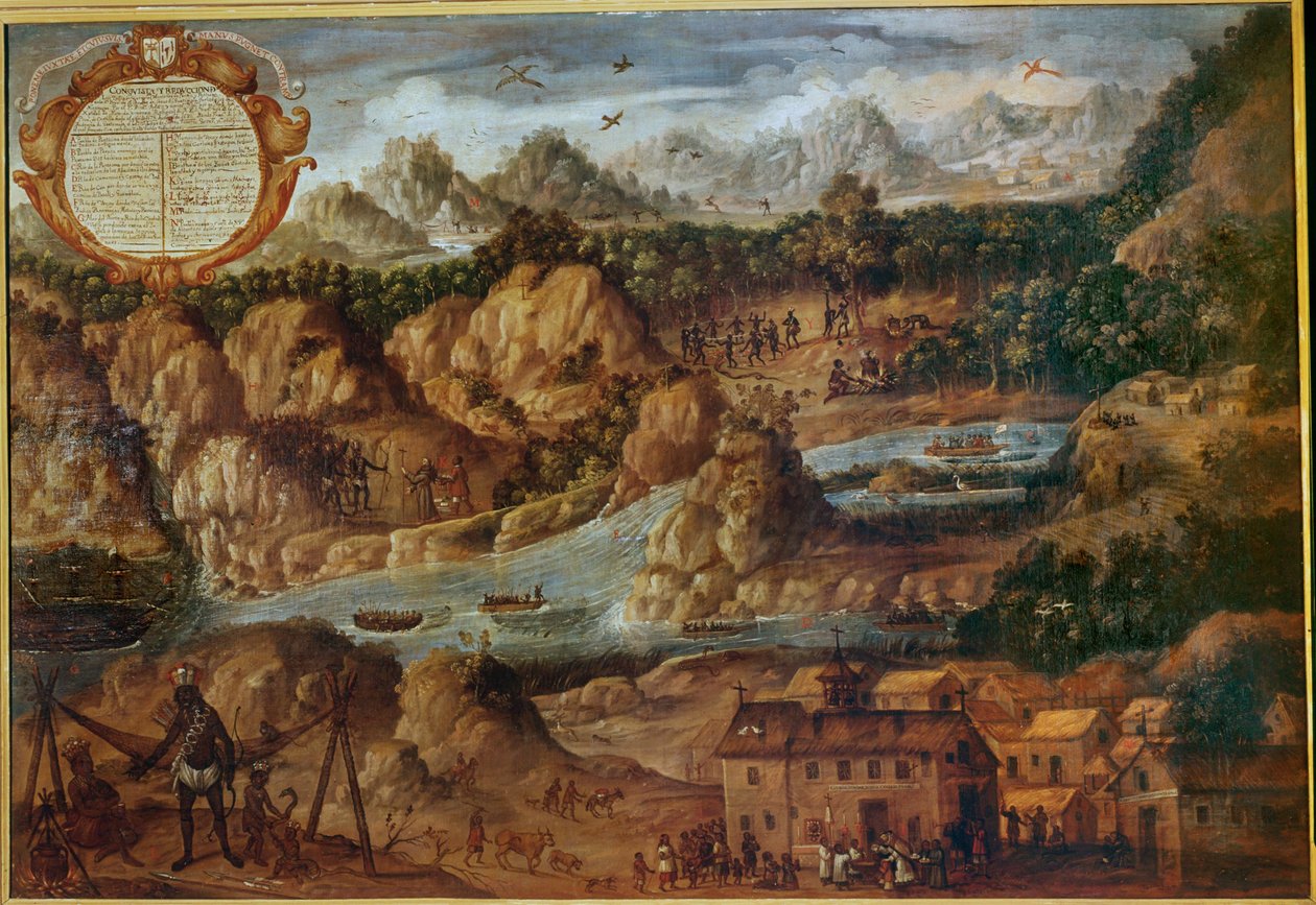 Conquista de los países indios del Paraguay, mostrando el paisaje, los ríos y una nueva iglesia española ... de Spanish School
