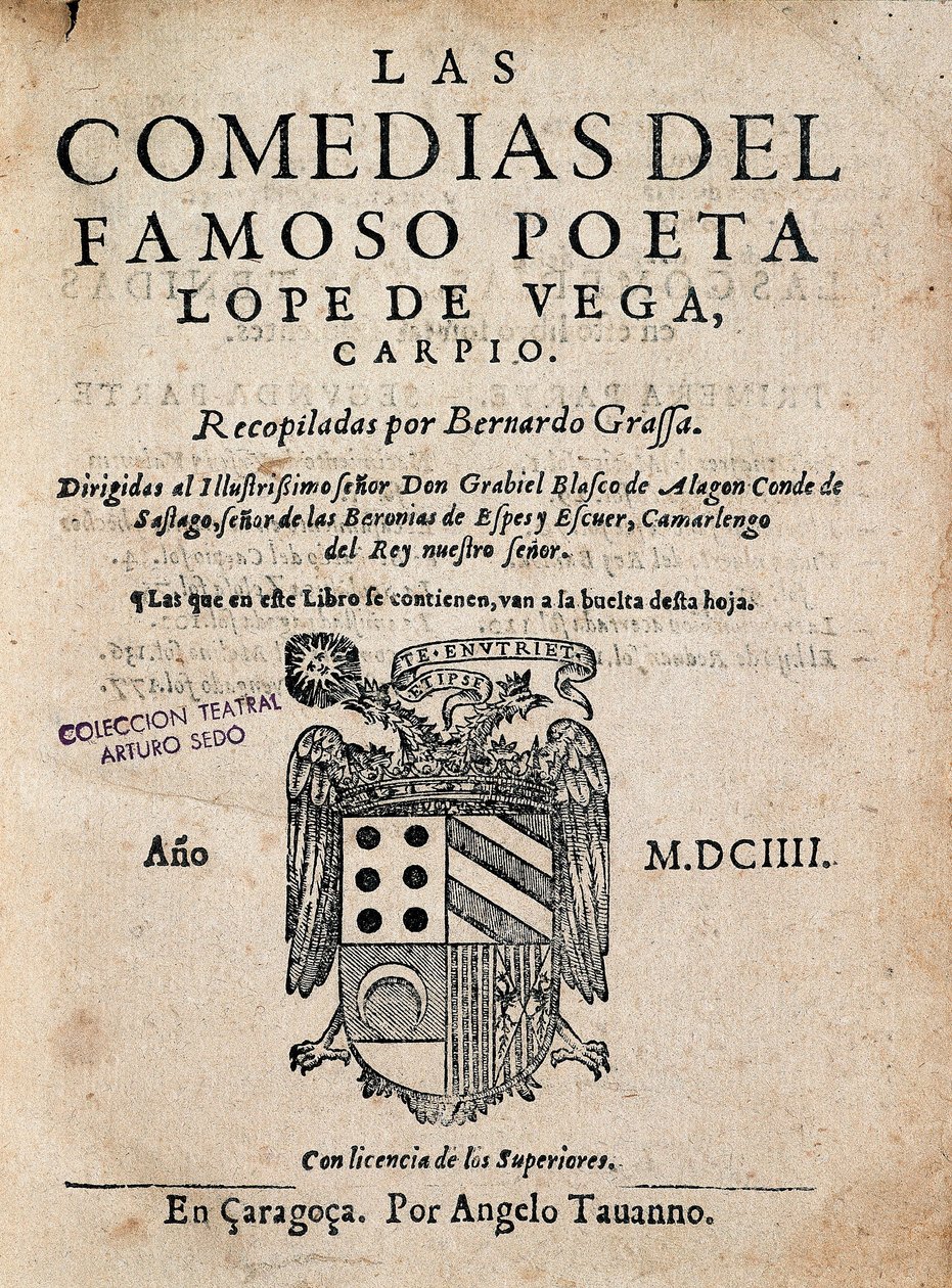 Portada de Las comedias del famoso poeta Lope de Vega, por Félix Lope de Vega Carpio (1562-1635), Edición de 1604 de Spanish School