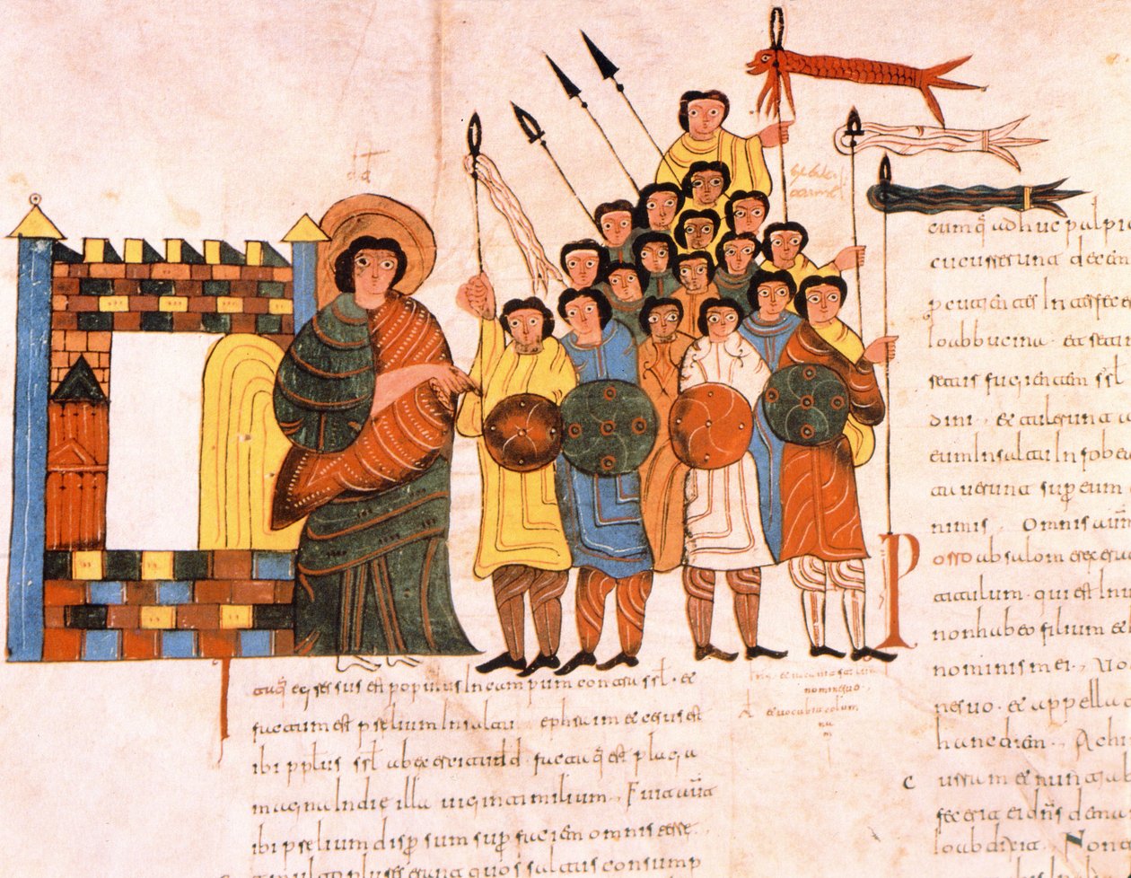 Partida del ejército del rey David para la guerra, de la Biblia visigoda-mozárabe de San Isidoro, fol.131v., A.D. 960 de Spanish School