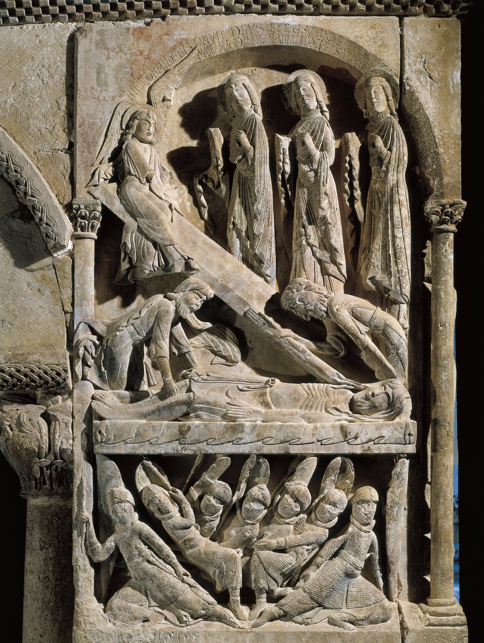 Deposición de Cristo. Escultura hecha por el maestro de Santo Domingo de Silos (siglo XII). Relieve en piedra de Spanish School