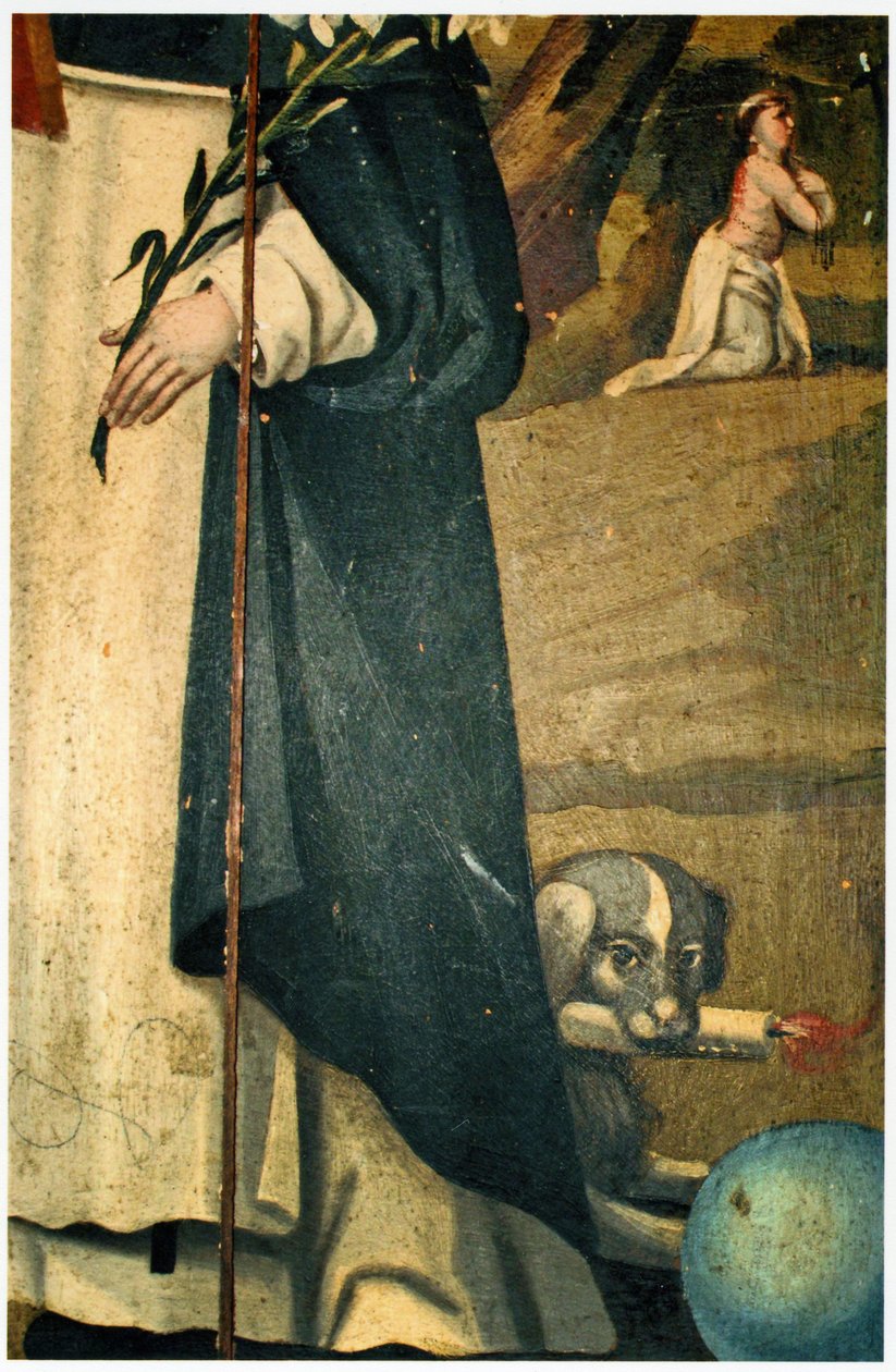 (detalle) mostrando el lirio, bastón y perro con antorcha, atribuciones de San Domingo de Spanish School