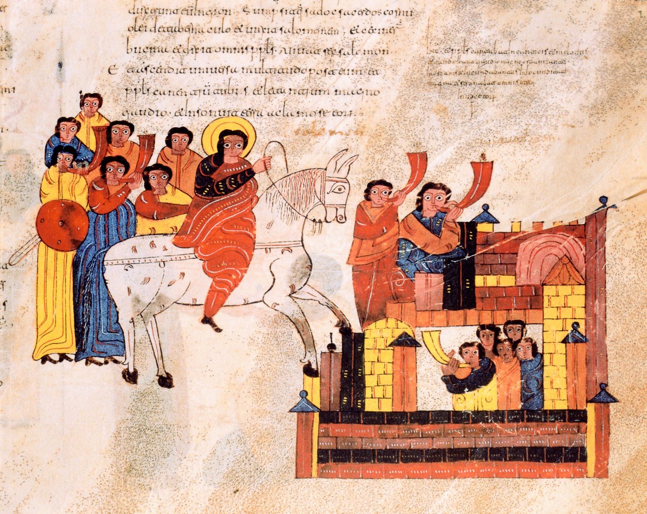 Entrada del rey David en Jerusalén al son de trompetas, de la Biblia visigoda-mozárabe de San Isidoro, fol.135r., A.D. 960 de Spanish School