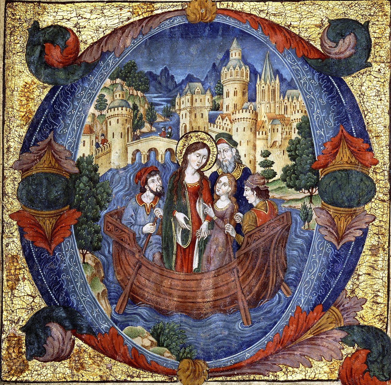Santa femenina en un bote con una pareja cortesana y dos barqueros, dentro de una gran inicial historiada "O", principios del siglo XX de Spanish School
