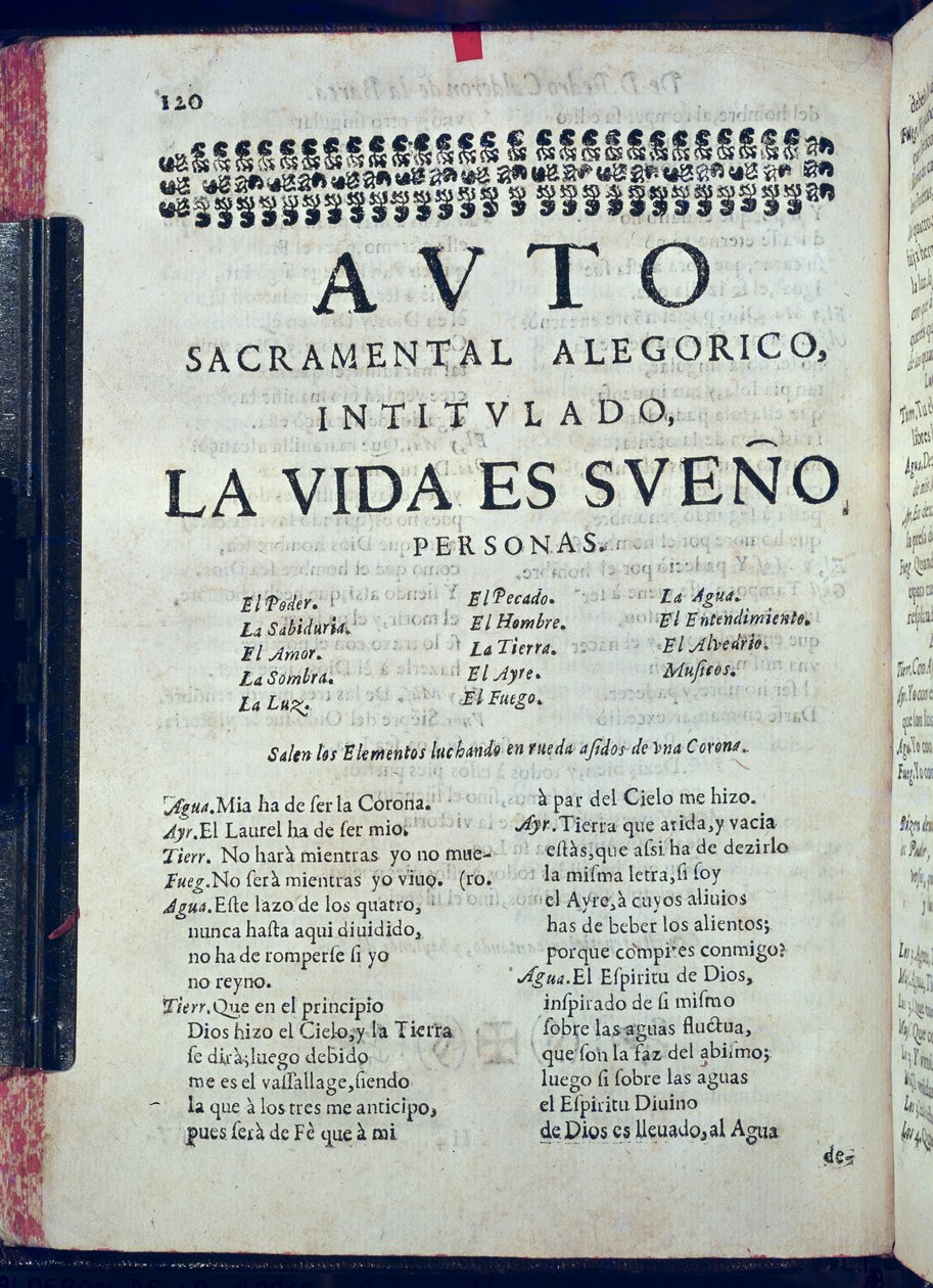 Primera página de La Vida es Sueño de Los Autos Sacramentales de Pedro Calderón de la Barca editado por Juan García Infanzón, 1690 de Spanish School