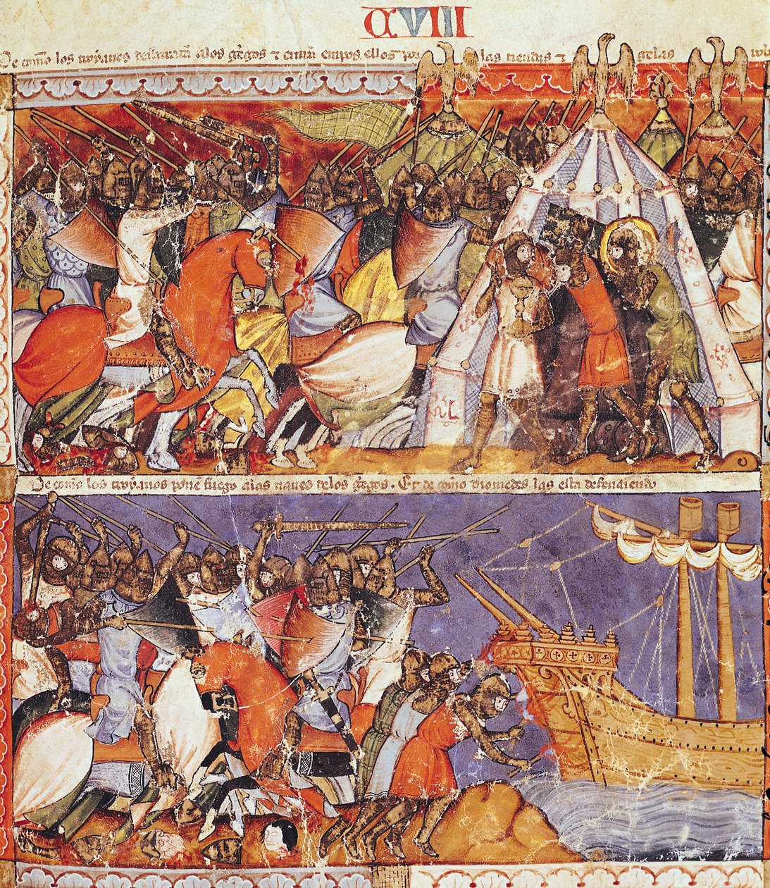 Fol.108r Los troyanos invadiendo el campamento griego y prendiendo fuego a los barcos griegos, del Códice Benito de Santa Mora de Spanish School