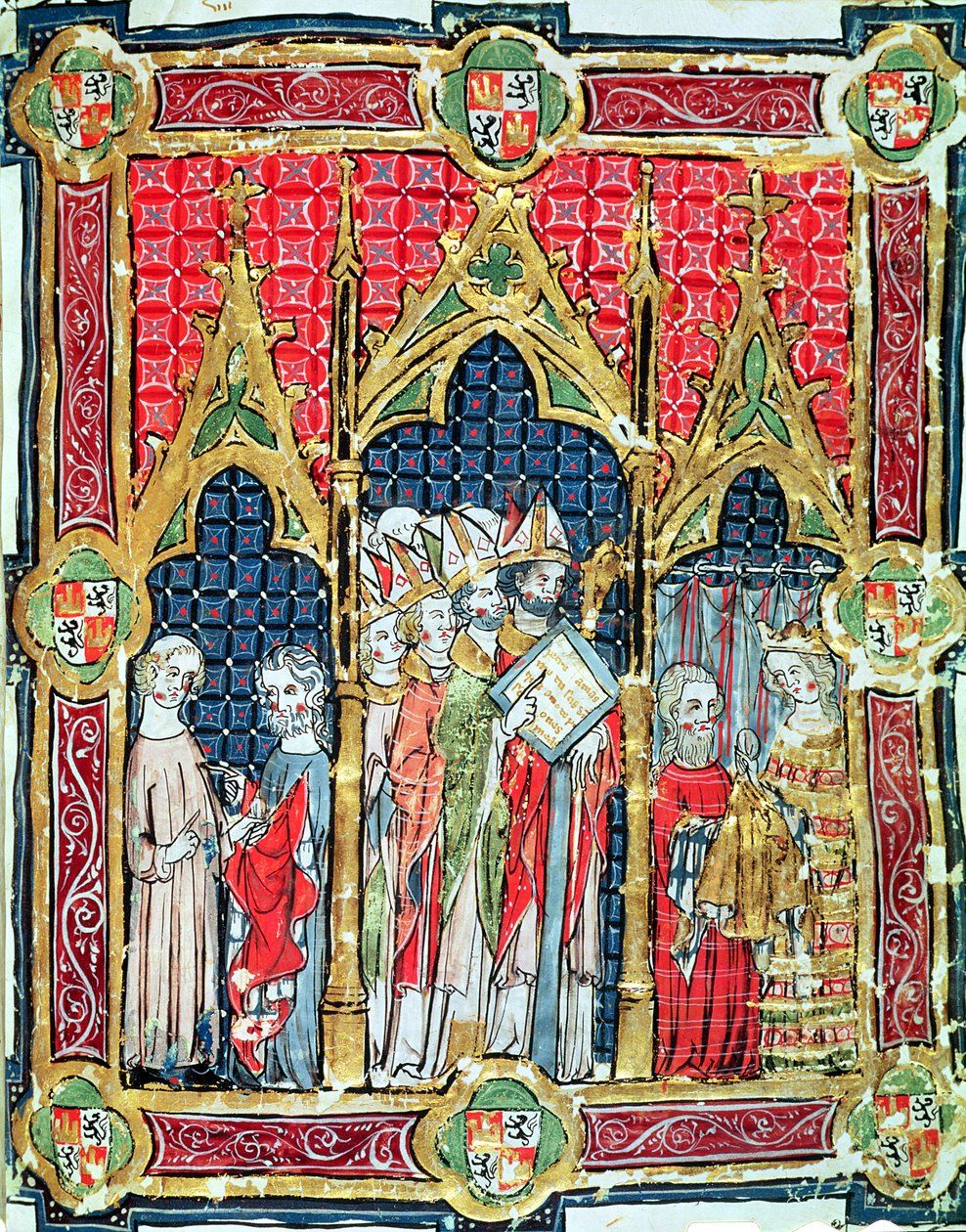 Fol.13r Coronación de los Reyes de Aragón y Castilla: Alfonso VII (1105-57) ofreciendo pan dorado en presencia del Arzobispo de Toledo, del Libro de los Testamentos de Spanish School