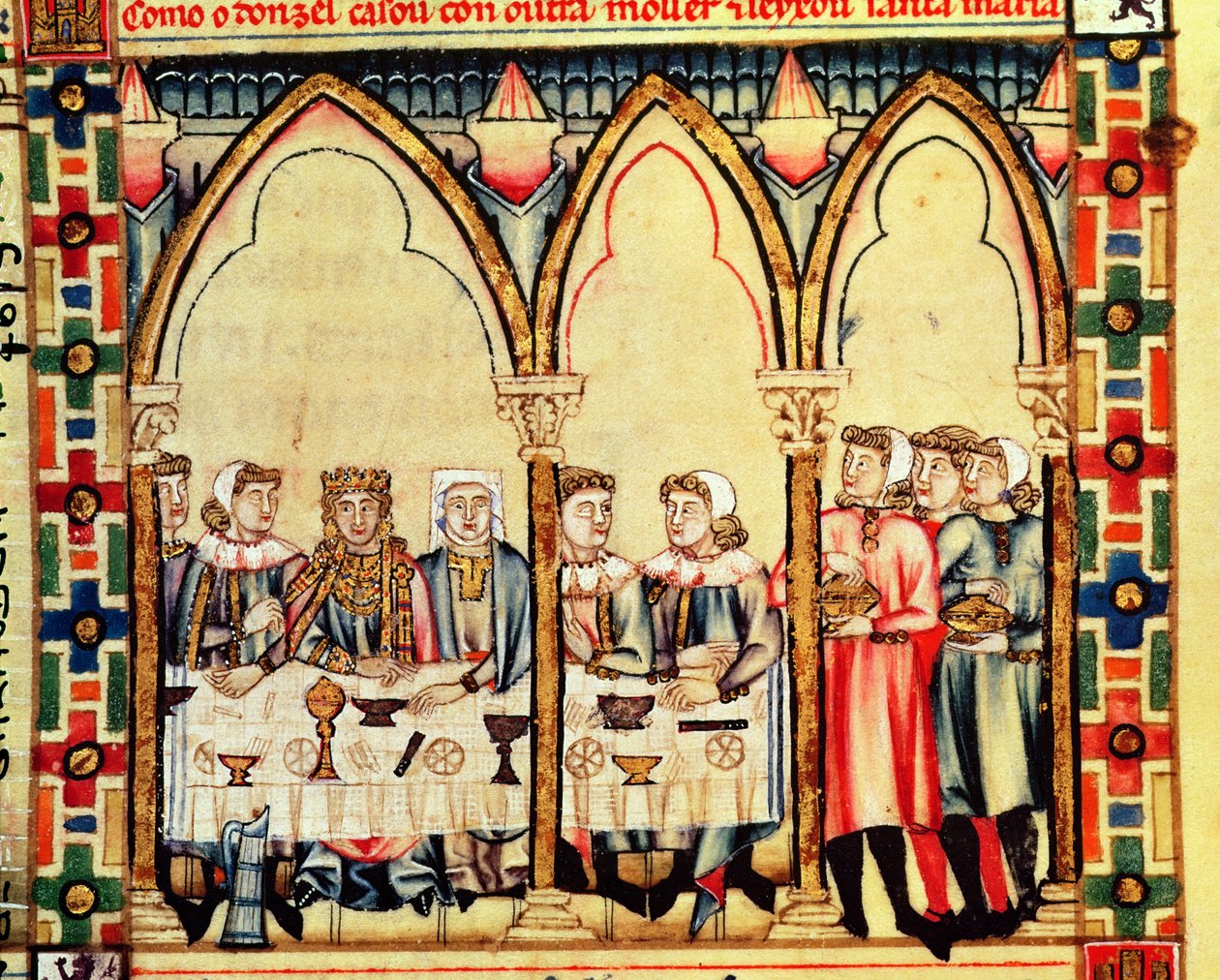 Fol.16v Banquete de compromiso, del manuscrito hecho bajo la dirección de Alfonso X El Sabio, Rey de Castilla y León de Spanish School