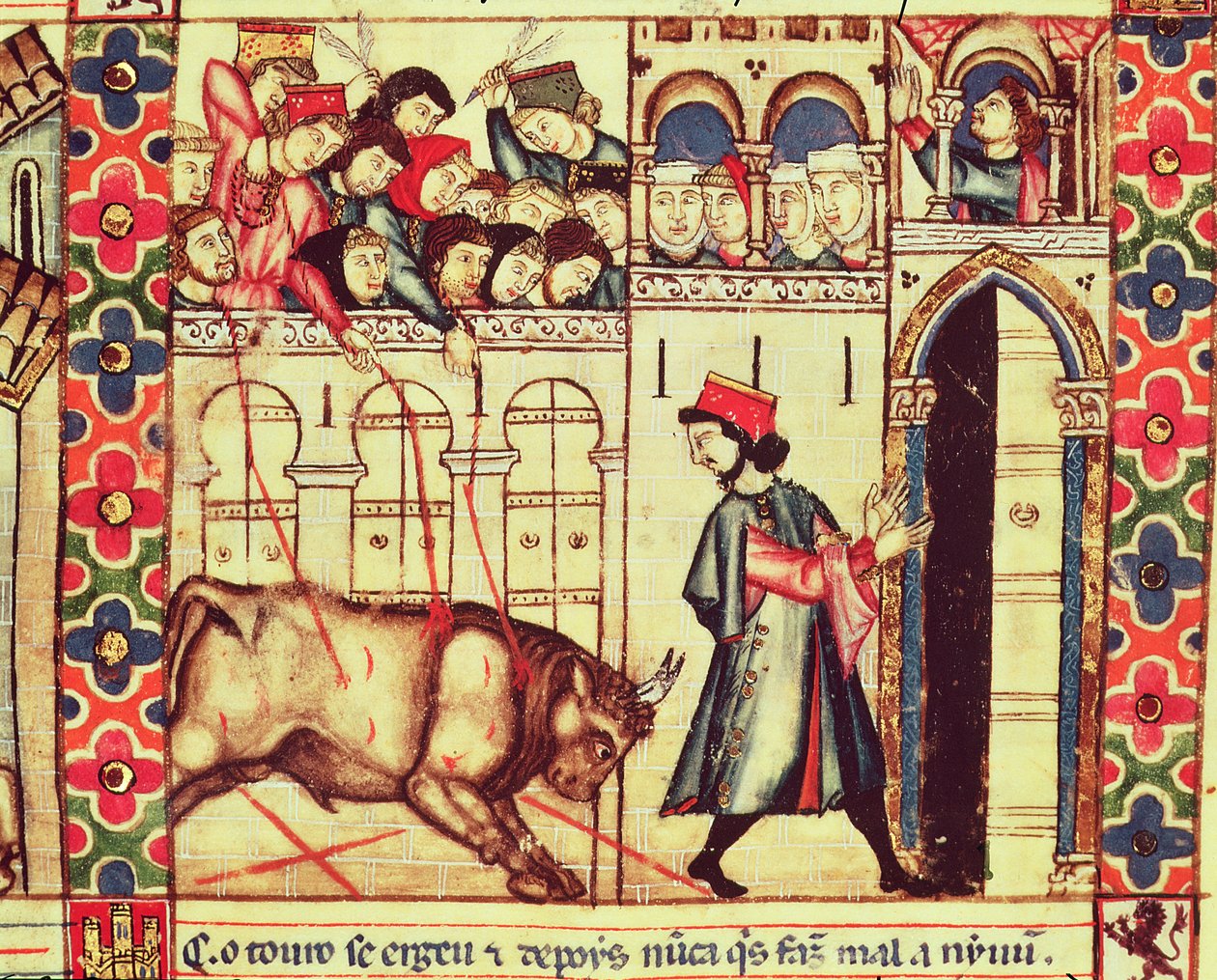Fol.200r Muerte de un toro en el ruedo, del manuscrito realizado bajo la dirección de Alfonso X El Sabio, Rey de Castilla y León de Spanish School