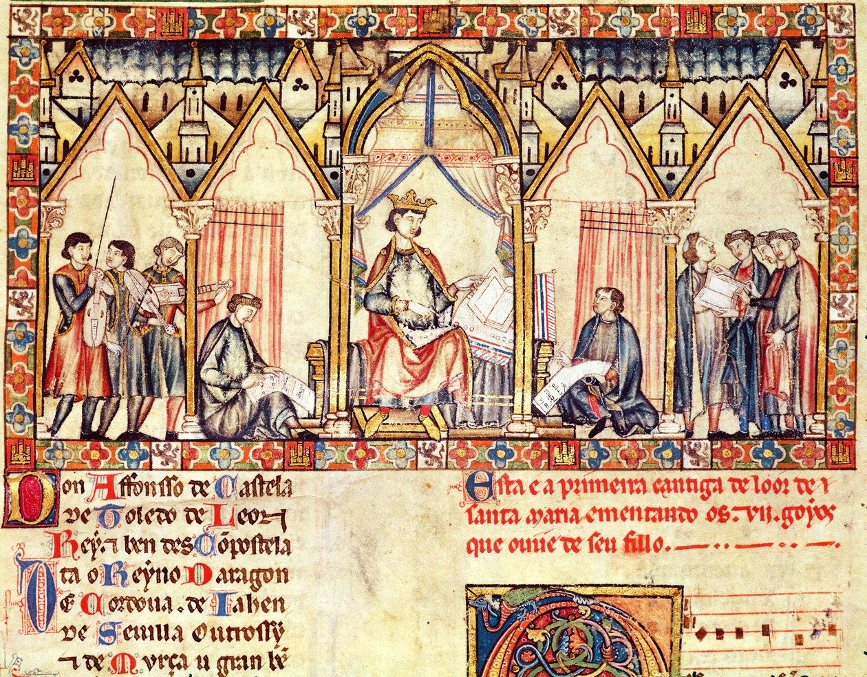 La corte de Alfonso X (1221-84) el Sabio, rey de Castilla y León, miniatura de las Cantigas de Santa María de Spanish School