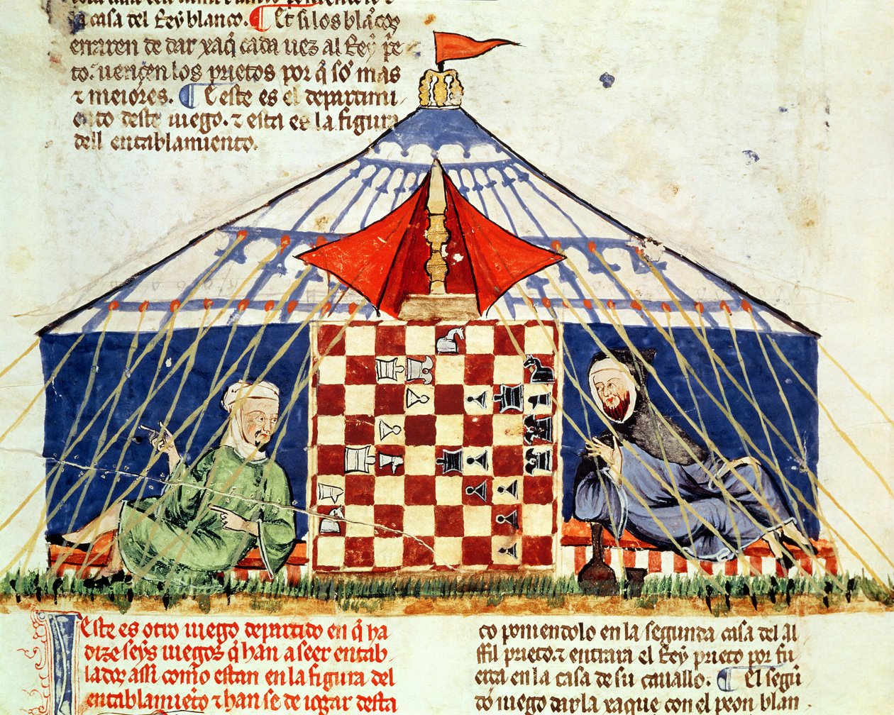 Dos árabes jugando al ajedrez en una tienda, del Libro de Juegos, Ajedrez, Dados y Tableros, 1282 de Spanish School