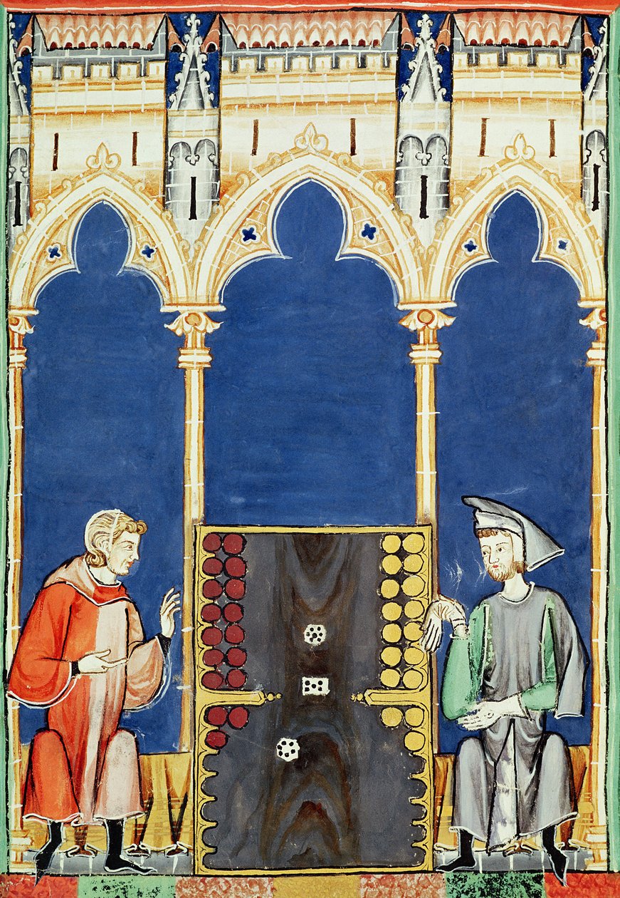 Fol.85v Dos jugadores de backgammon, del Libro de juegos, ajedrez, dados y tableros, 1282 de Spanish School