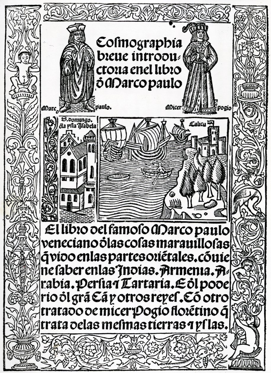 Frontispicio a la primera versión castellana de Los Viajes de Marco Polo, traducida por Rodrigo de Santaella, publicada en 1503 de Spanish School