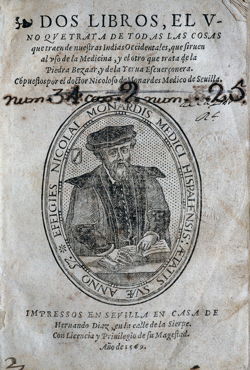 Frontispicio, con el retrato de Nicolás Monardes (1493-1588) de un libro de medicina de las islas del Caribe español y usos del bezoar (antiveneno). Obra de Nicolás Monardes, edición 1569, por Hernando Díaz, en Sevilla. Biblioteca Universitaria de Spanish School