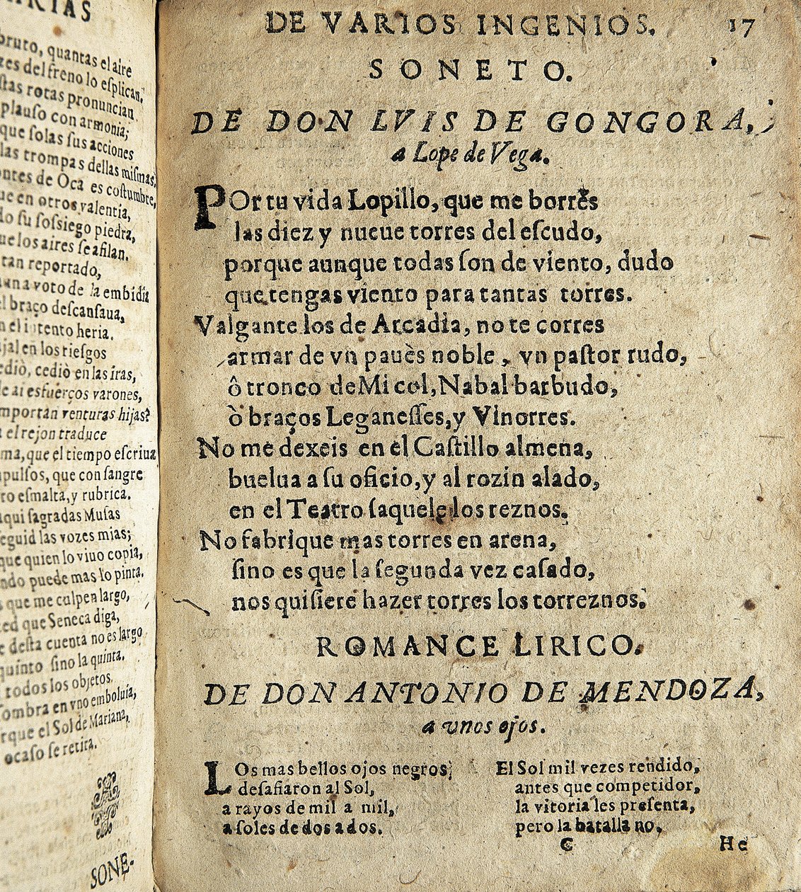 GOGOORA Y ARGOTE, Luis de (1561-1627). Poeta español del Siglo de Oro; VEGA CARPIO, Félix Lope de (1562-1635). Soneto a Lope de Vega", poema incluido en "Poesías varias de grandes ingenios españoles", recopilación realizada por Ios de Spanish School