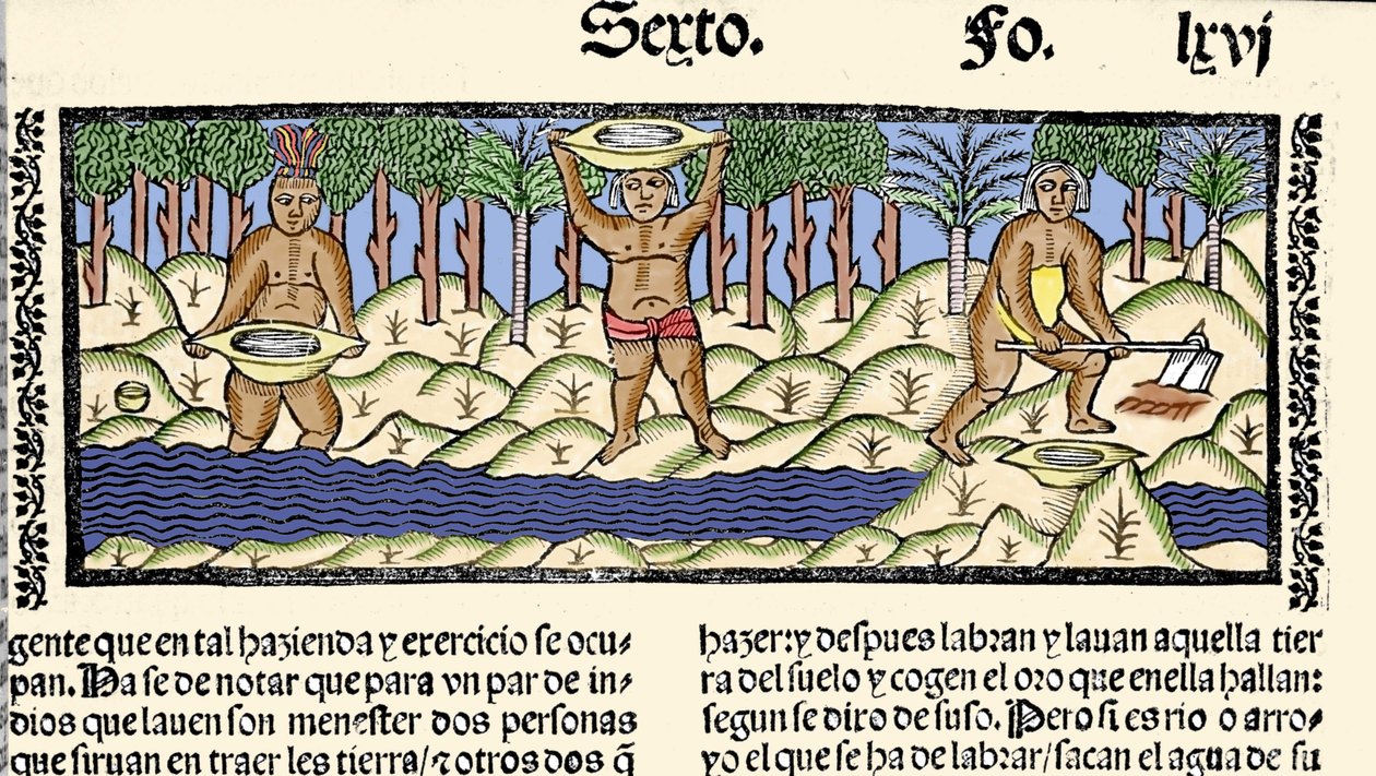 Minería de oro: los indígenas tamizan el río en busca de oro. Grabado del libro “Historia general de las Indias, islas y tierra firme del mar océano” de Gonzalo Fernández de Oviedo de Spanish School