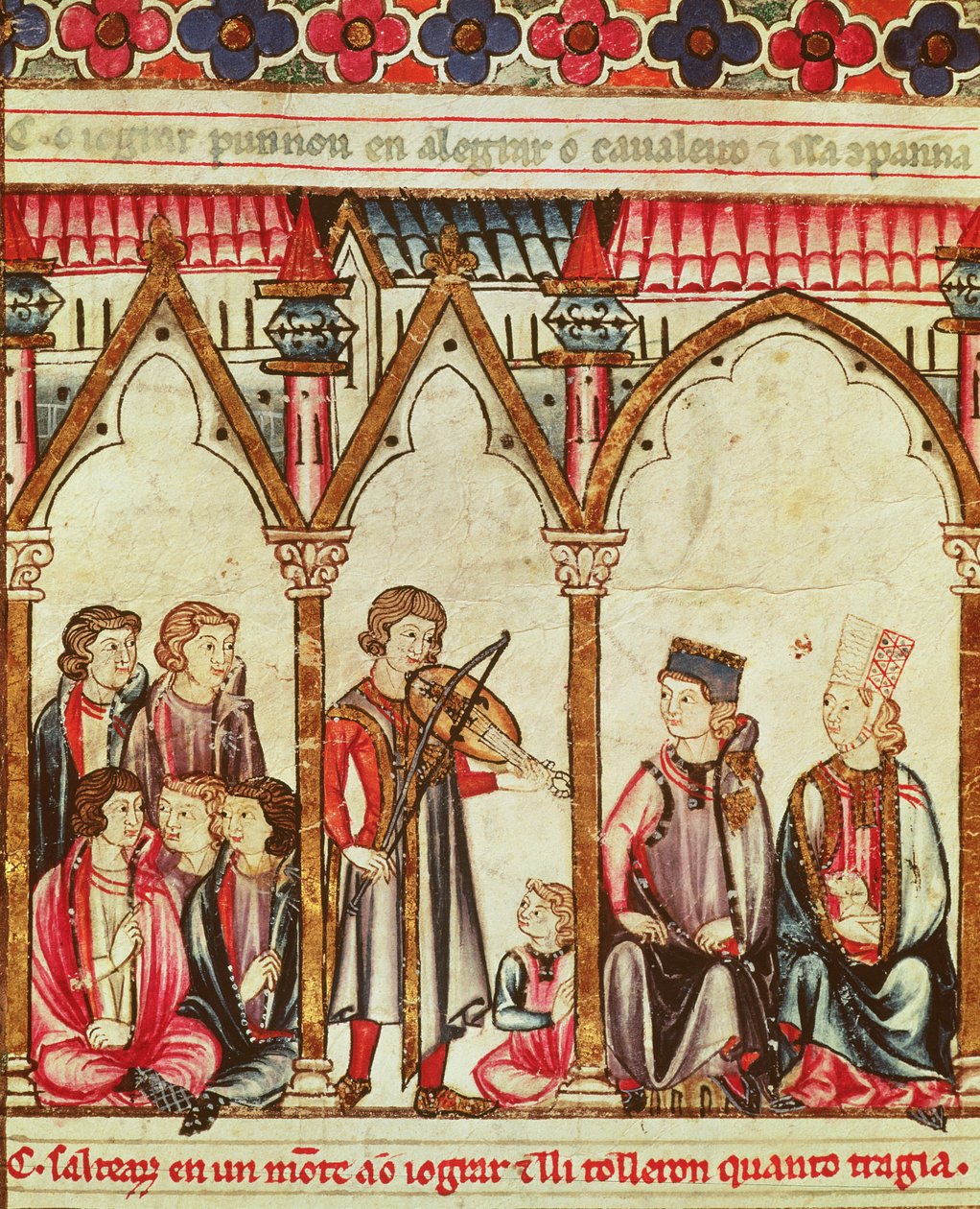 Grupo de trovadores, ilustración de Cantigas de Santa Maria, realizada bajo la dirección de Alfonso X (El Sabio) Rey de Castilla y León (1221-84) de Spanish School
