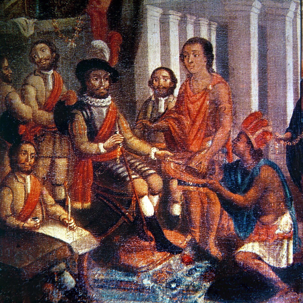 Hernando Cortés (1485-1547) recibiendo el homenaje de los aztecas (óleo sobre lienzo) de Spanish School