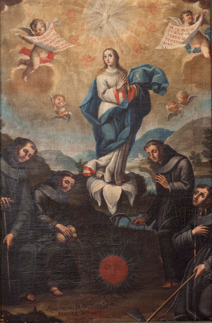 Inmaculada Concepción con franciscanos hortelanos. Origen del coro. Firmado abajo a la izquierda "ADEVOZION DE DA TERESA, Sanchez Yepros ?". Siglo XVIII. Juan Sánchez. de Spanish School