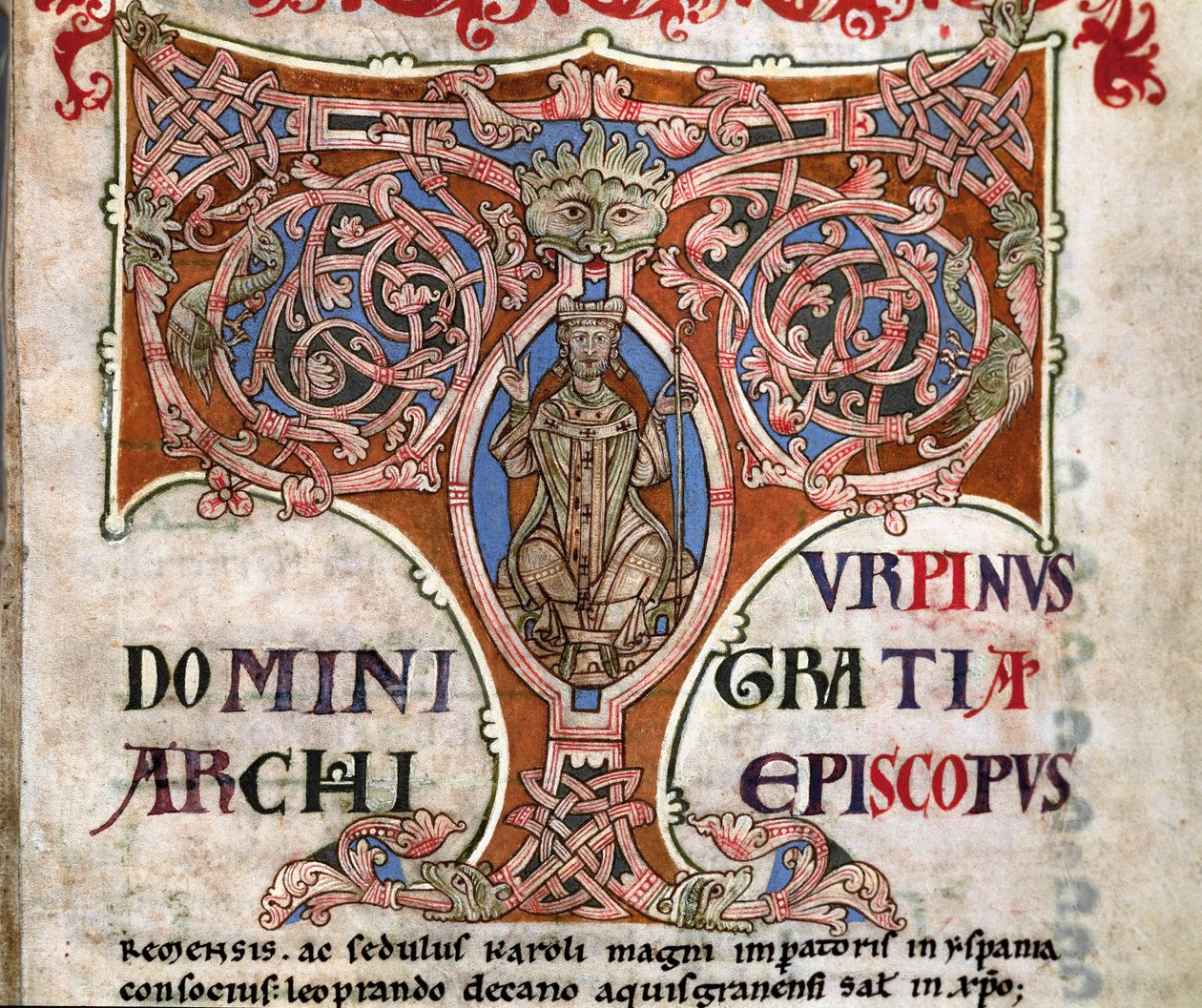 Inicial T con una representación de Carlomagno, ilustración del Codex Calixtinus, c.1140 de Spanish School