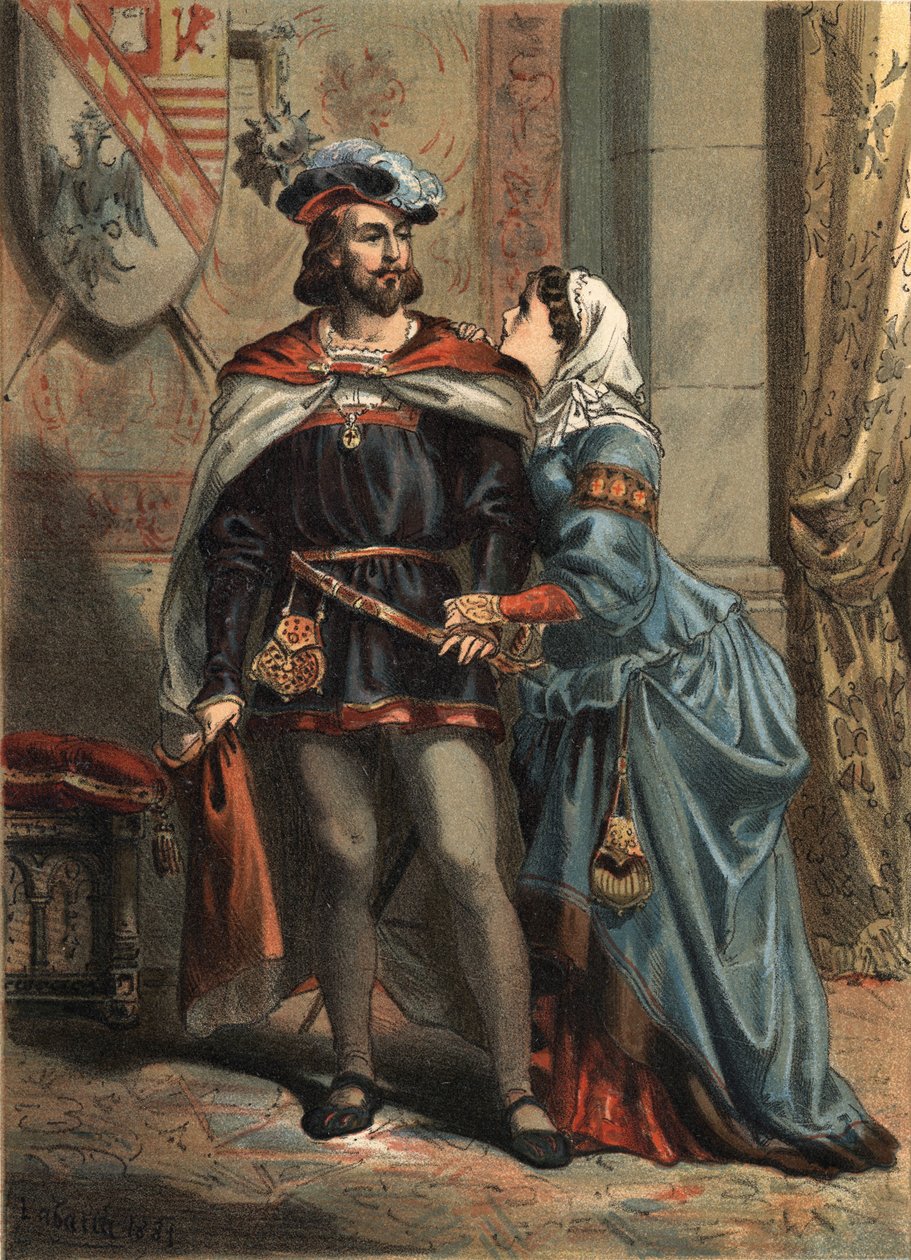 Juana de España conocida como La Loca (1479-1555), Reina de Castilla y su esposo Felipe el Hermoso (1478-1506) rey de España y archiduque de Austria en “El Culto de la Hermosura” por Juan Justo Huguet, Molinas Hermanos editores de Spanish School