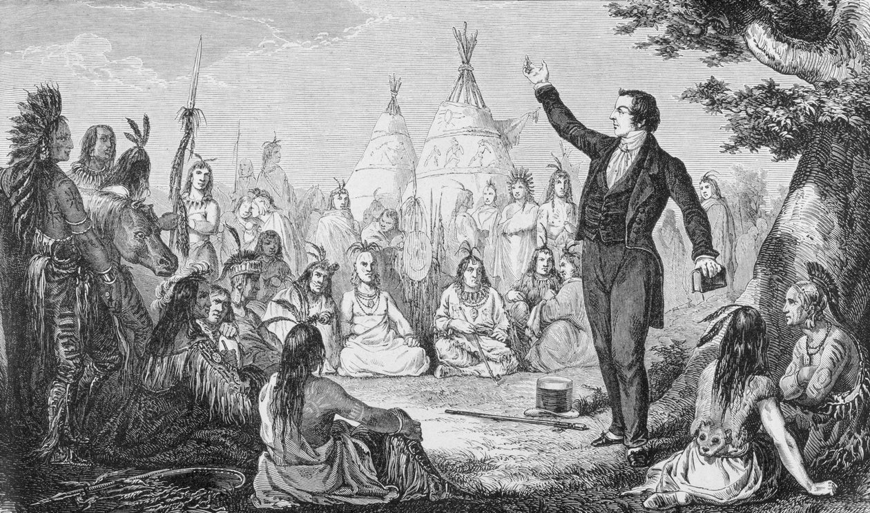 Joseph Smith, fundador de la Iglesia Mormona, predicando a los indios, de 