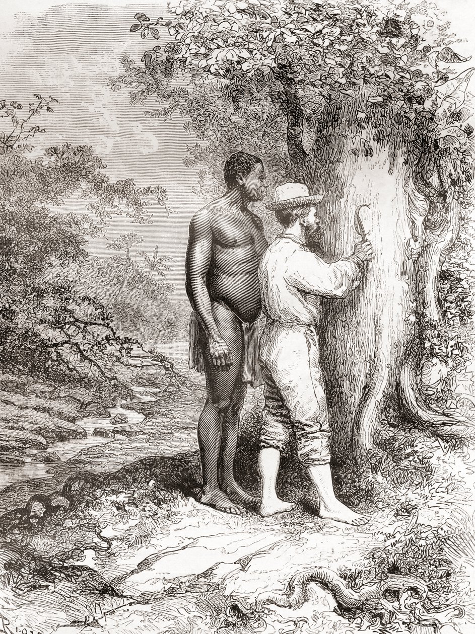 Jules Crevaux, durante su exploración de la Guayana Francesa en 1878, tallando sus iniciales en un árbol en las orillas del río Oyapock o Oiapoque de Spanish School