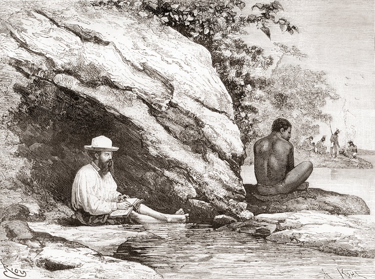 Jules Crevaux, durante su exploración de la Guayana Francesa en 1878, a la sombra de una roca en las orillas del río Oyapock o Oiapoque de Spanish School