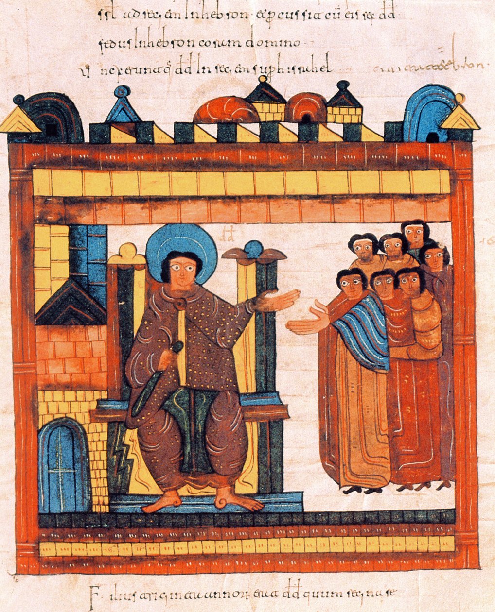 El rey David sentado en su trono y rodeado por su corte, de la Biblia visigoda-mozárabe de San Isidoro, fol.126r., A.D. 960 de Spanish School