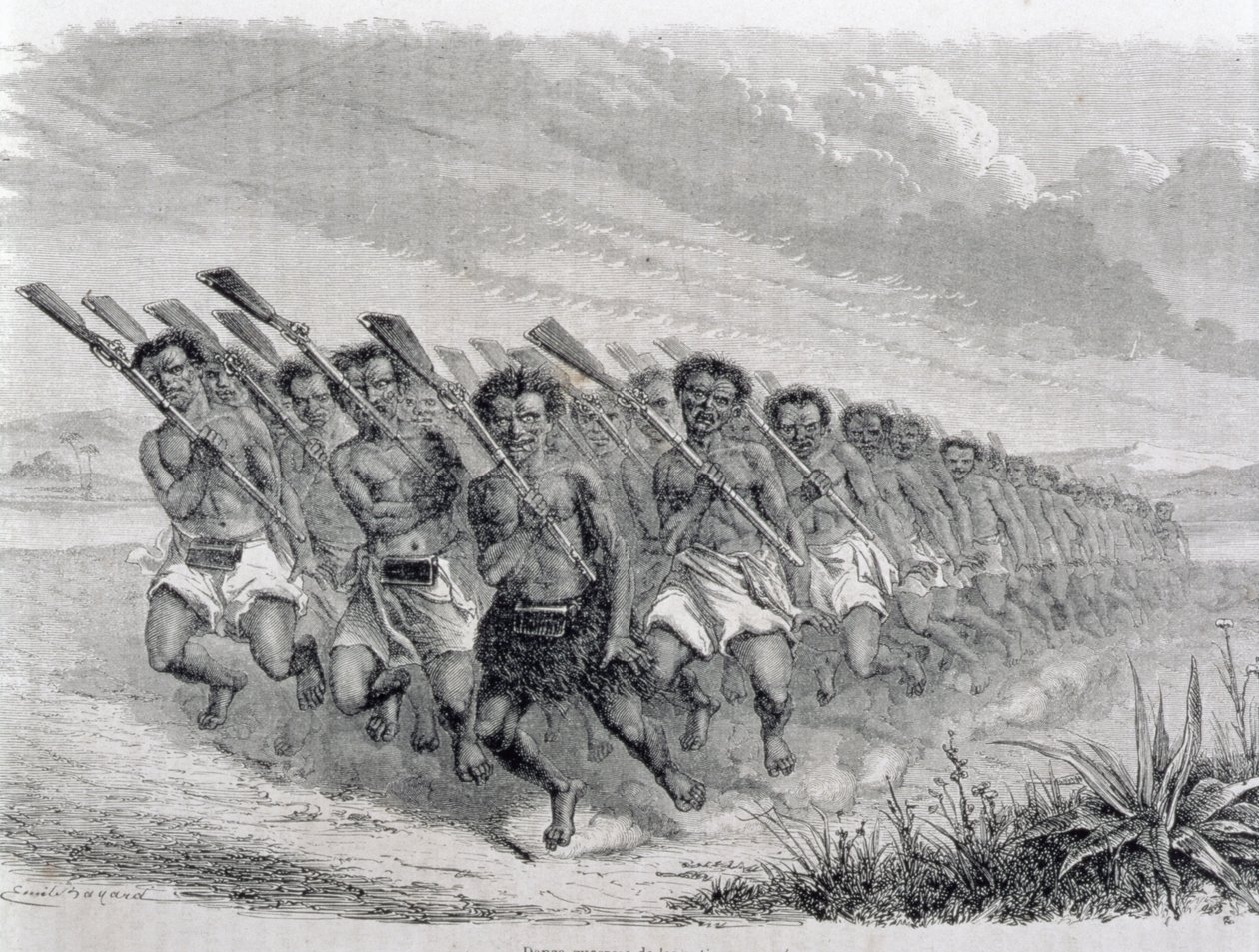 Guerreros maoríes realizando una danza de guerra, ilustración de 