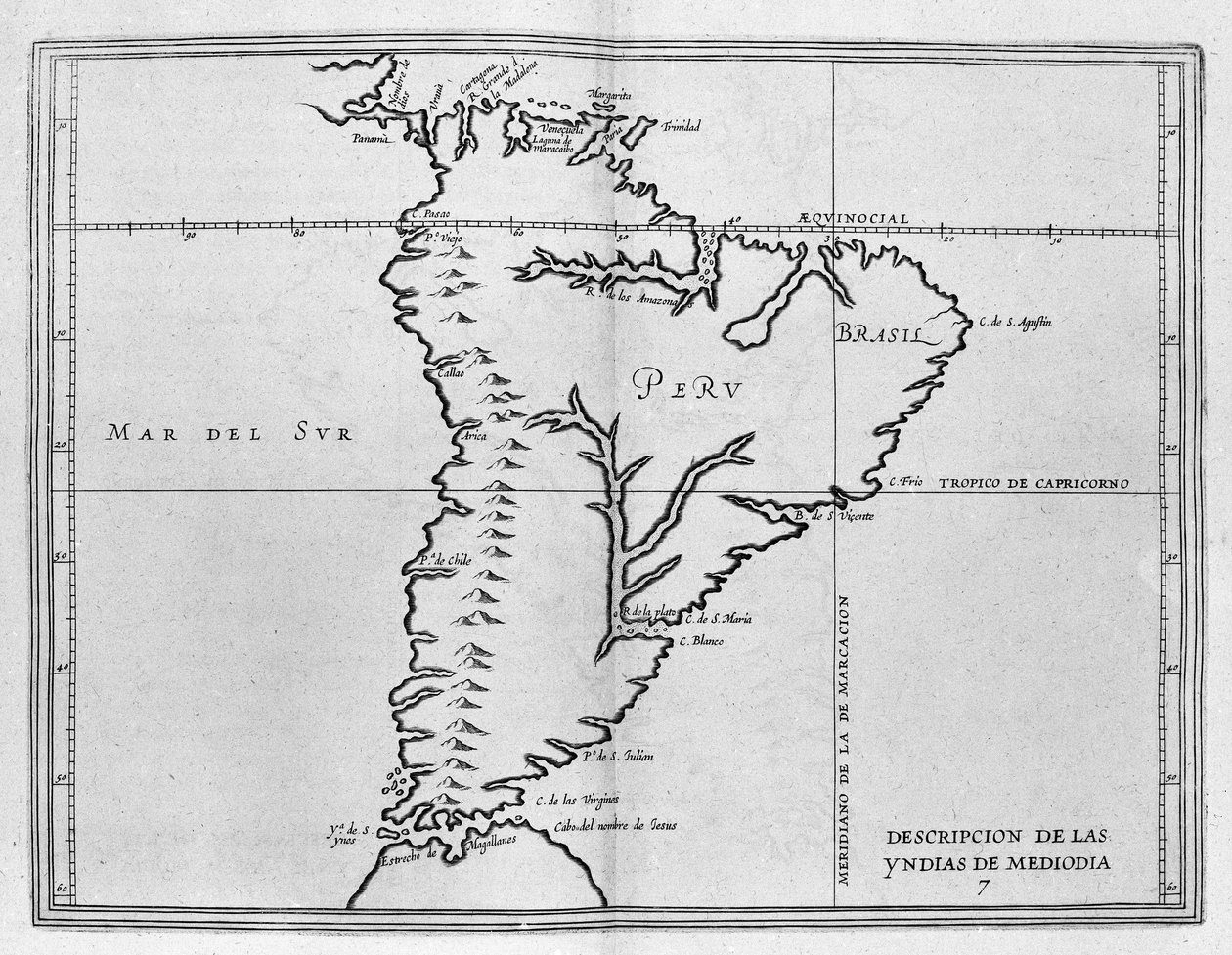 Mapa de América Meridional (Sudamérica o América Latina) de un volumen español de viajes de principios del siglo XVII de Spanish School
