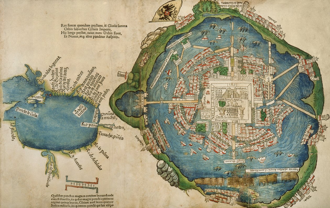 Mapa de Tenochtitlán y el Golfo de México, de Praeclara Ferdinadi Cortesii de Nova maris Oceani Hyspania Narratio por Hernando Cortés (1485-1547) 1524 de Spanish School
