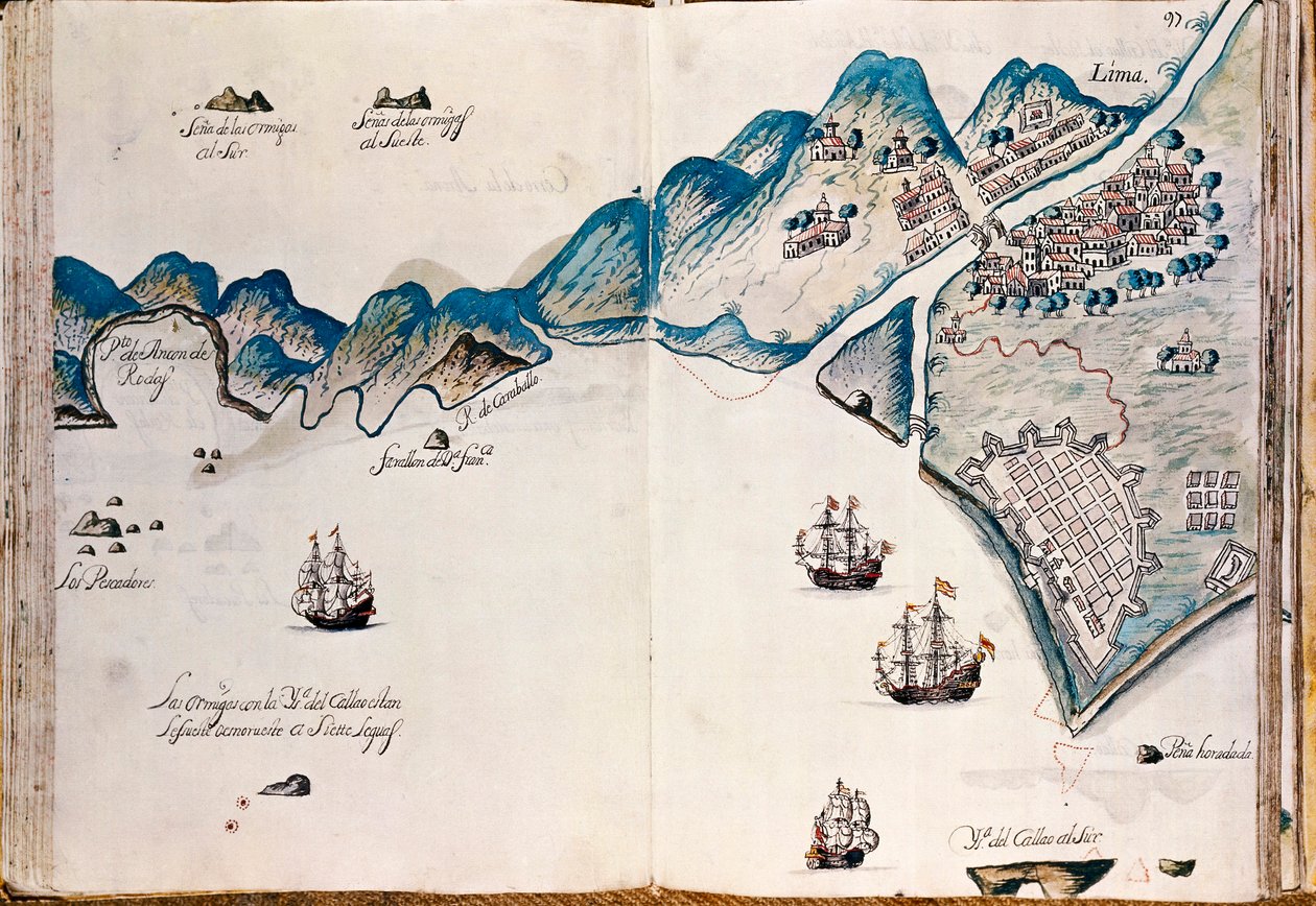 Mapa de parte de Nueva España, la costa de Perú y la ciudad de Lima, de "Mapas de las costas de América en el mar del Sur, desde la última población de españoles en ellas, que es la ciudad de Compostela, en adelante" de Spanish School